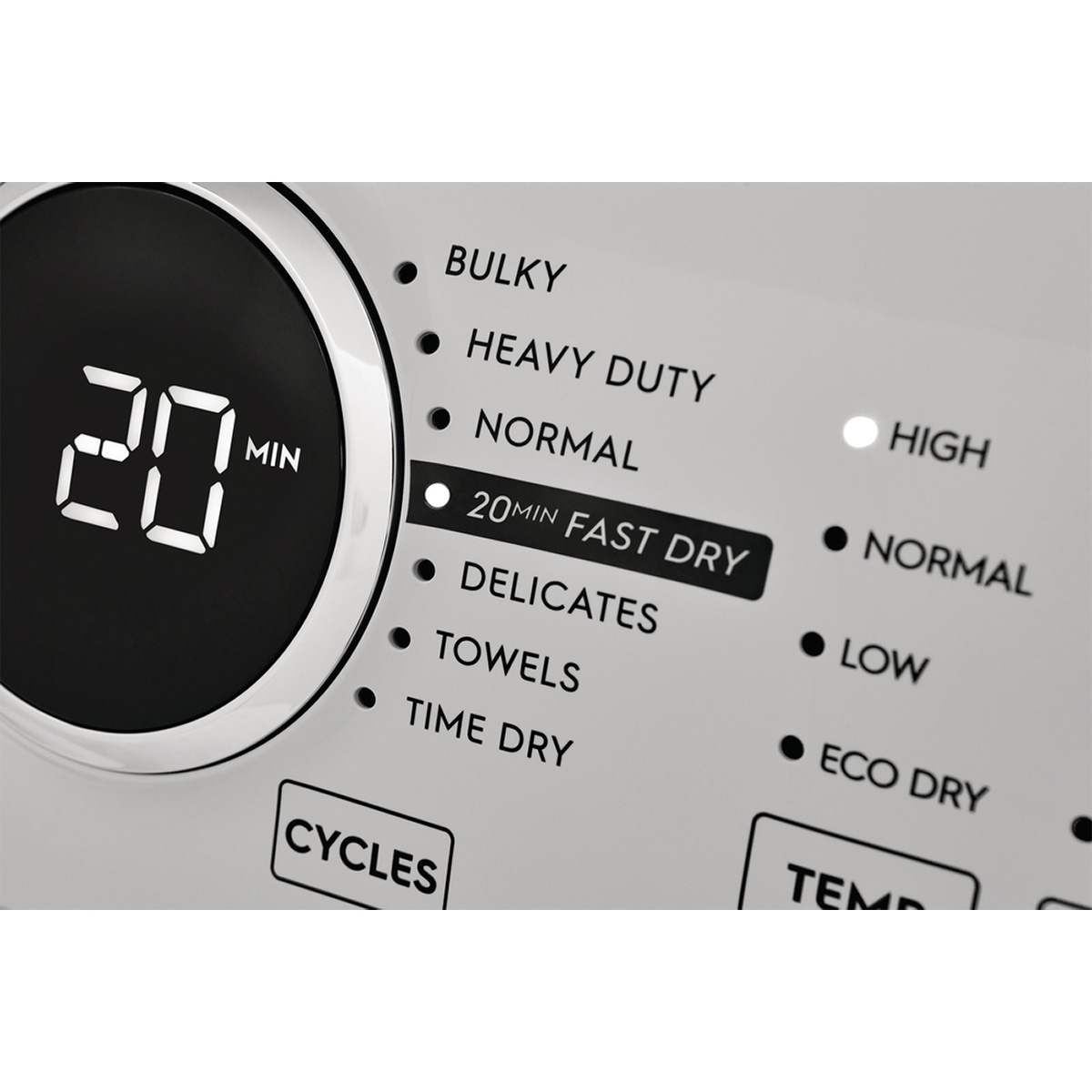 Close-up of the Electrolux dryer control panel showing the 20-minute fast dry selection and cycle list