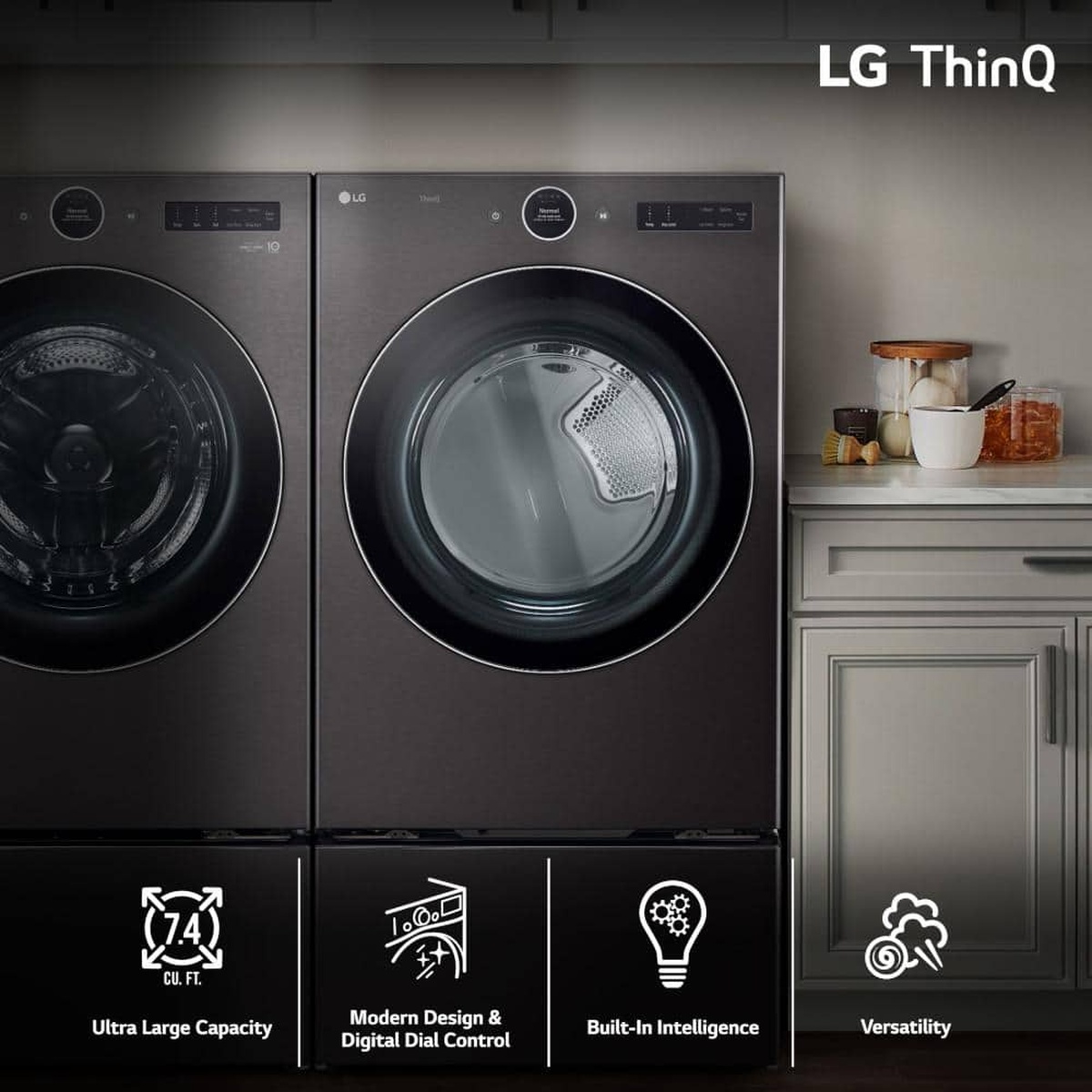 LG ThinQ washer and dryer pair shown installed side by side in a laundry space