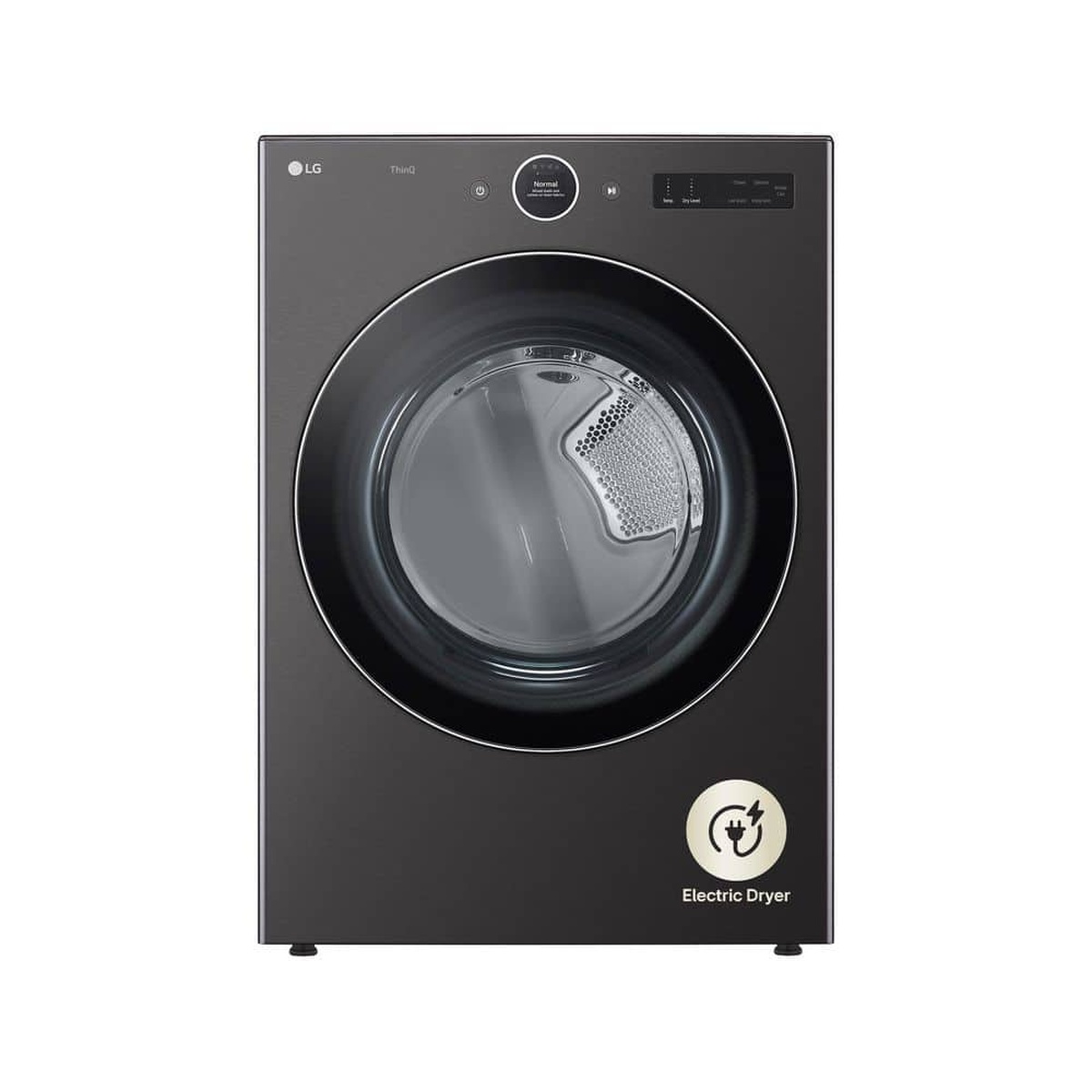 Front view of LG Black Steel electric dryer with digital dial control and glass door