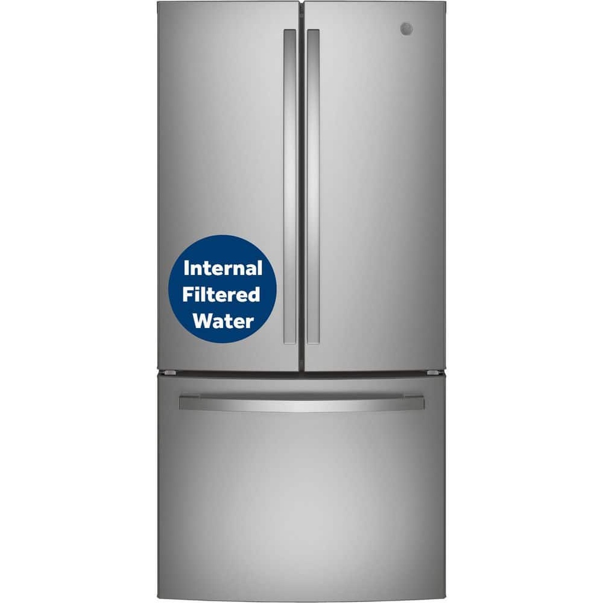 Front view of a GE counter-depth French door refrigerator in fingerprint resistant stainless steel with an internal filtered water callout