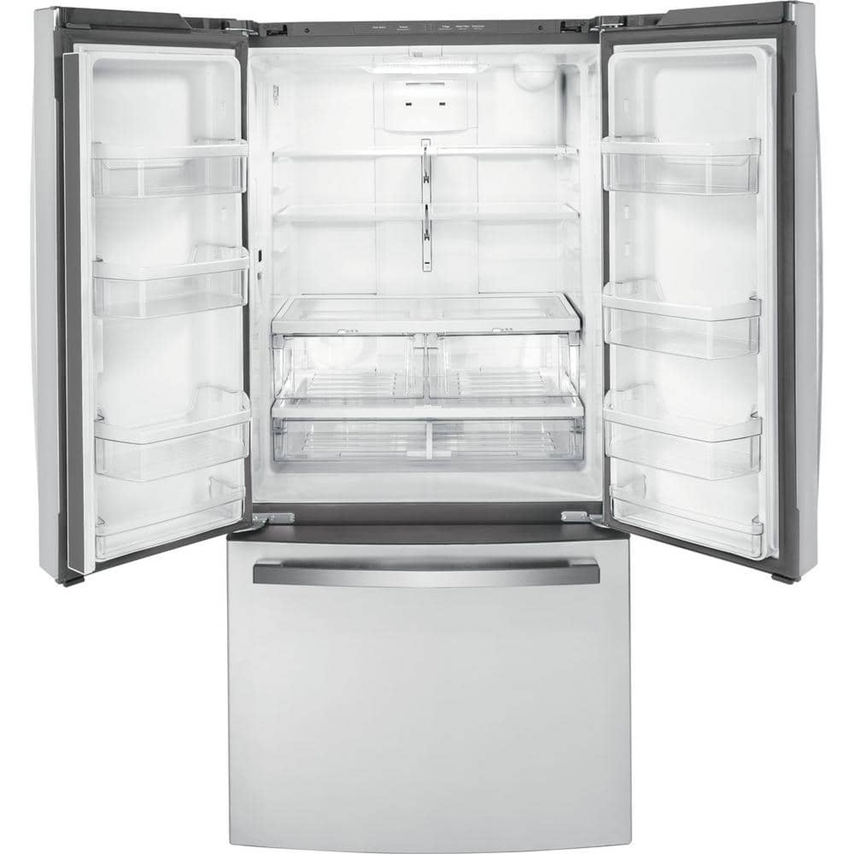 Inside view of the GE French door refrigerator showing adjustable glass shelves, door bins, and crisper drawers