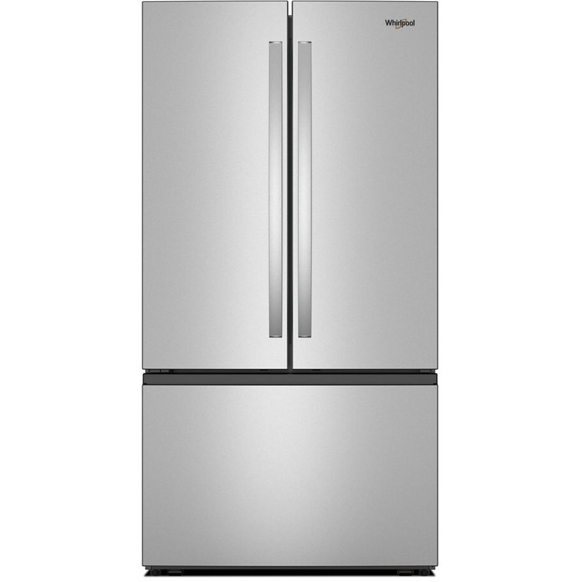 Front view of Whirlpool WRFF3336SZ stainless steel French door refrigerator with bottom freezer drawer