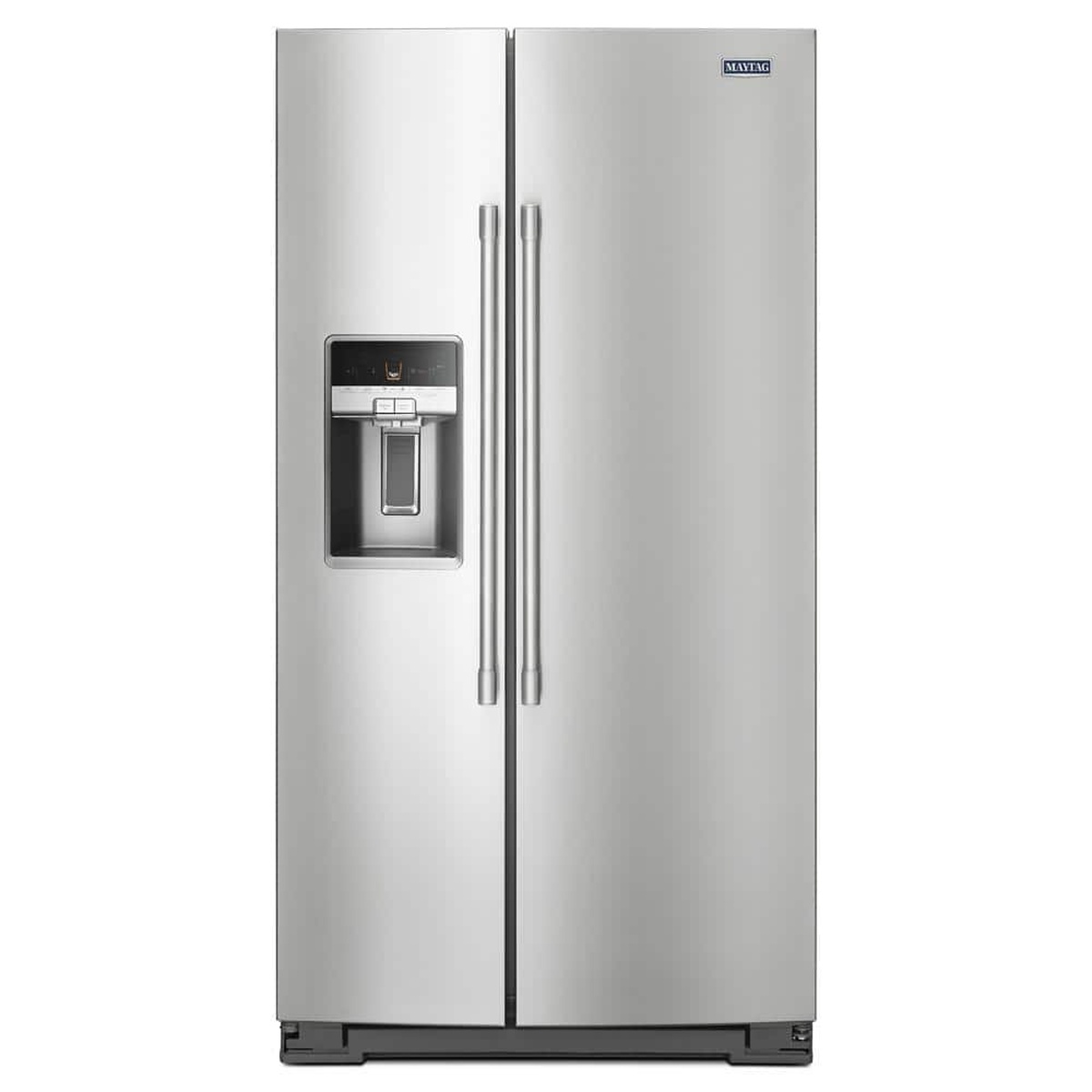 Front view of a Maytag fingerprint resistant stainless steel side-by-side refrigerator with bar handles and an external dispenser