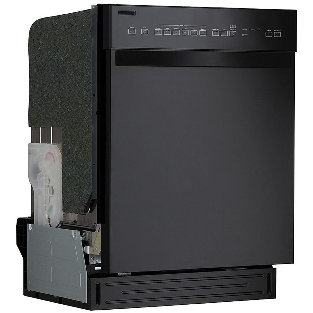Angled side view of the Whirlpool built-in dishwasher showing the installed body and insulation