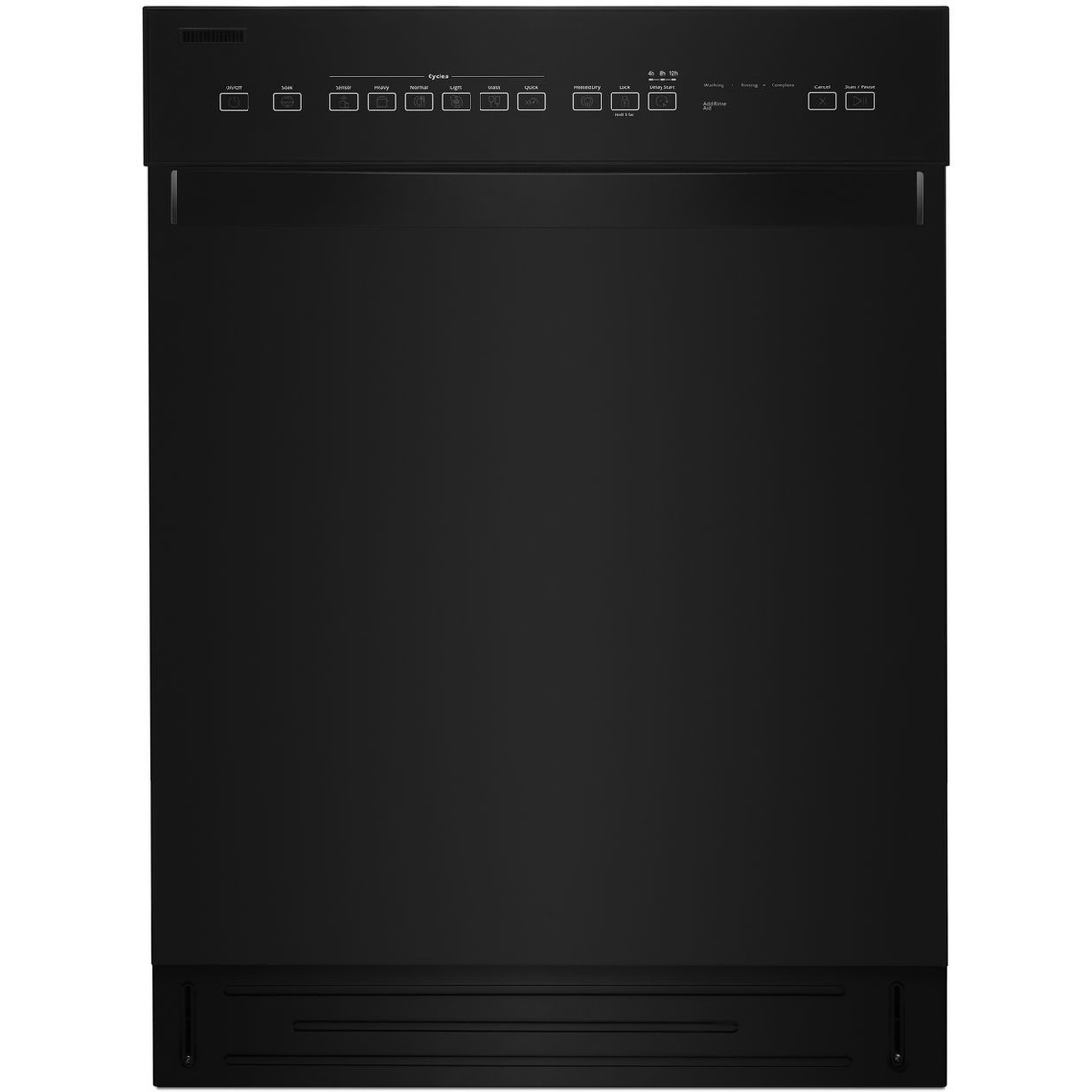 Front view of the black Whirlpool built-in dishwasher with full console controls