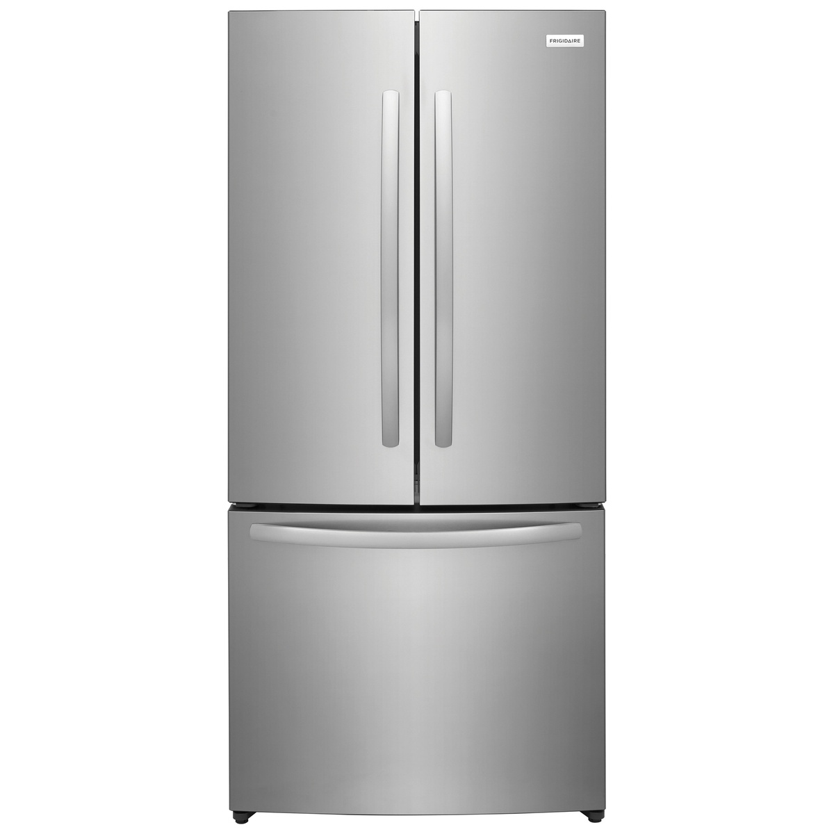 Front view of a stainless steel Frigidaire French door refrigerator with a bottom freezer drawer