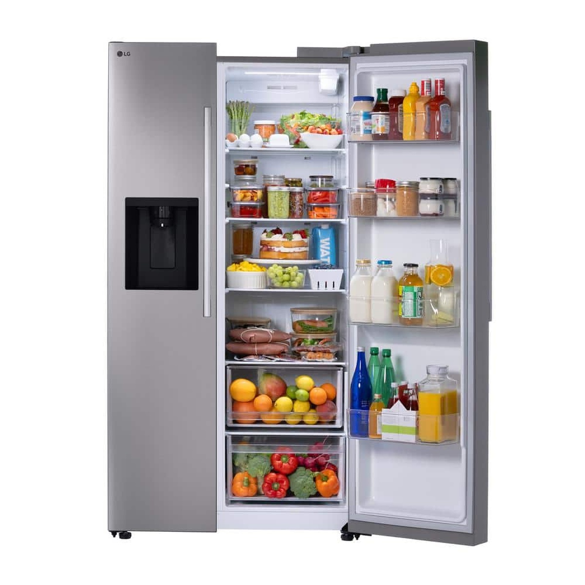 Open LG side-by-side refrigerator showing shelves, drawers, and door bins stocked with food