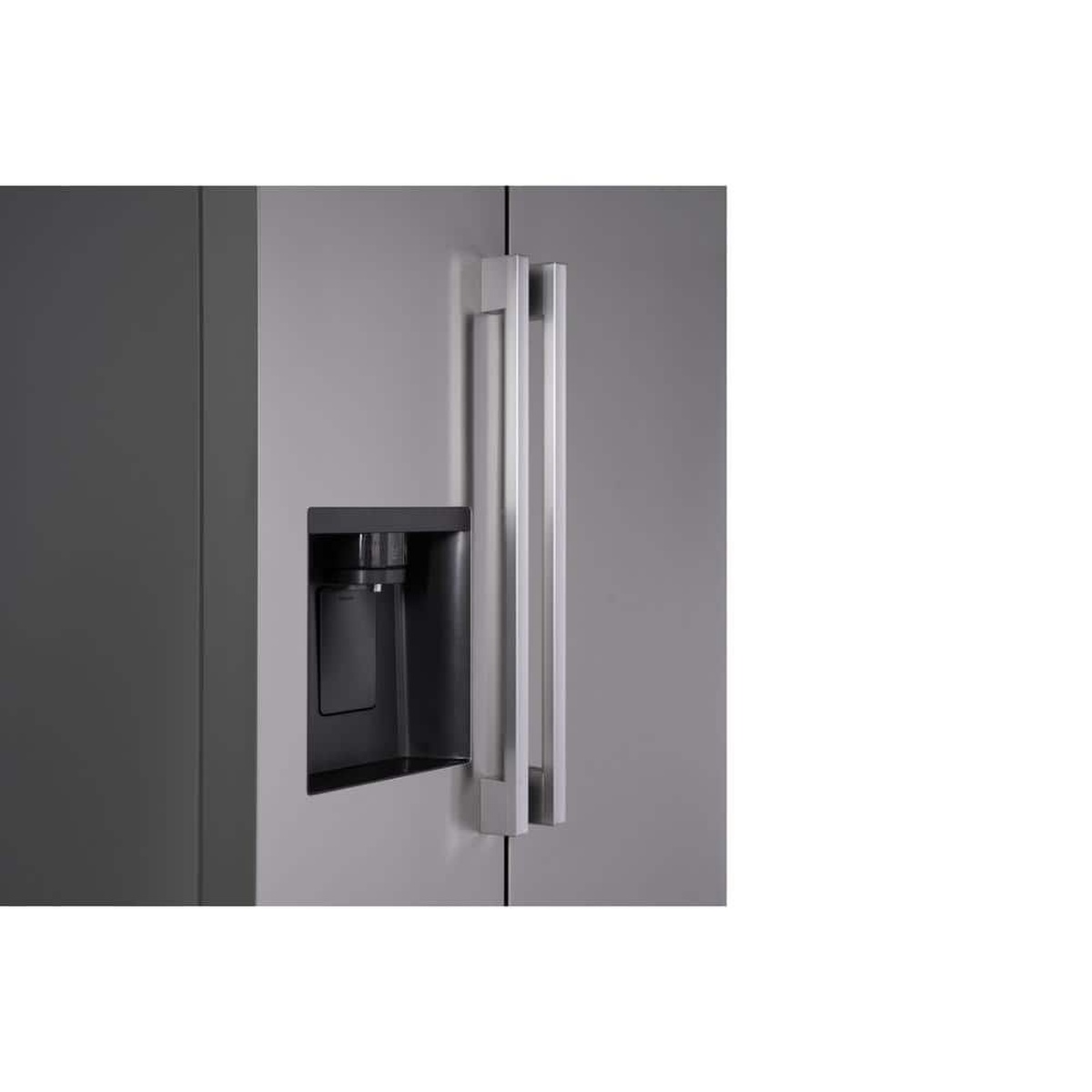 Close-up of the LG side-by-side refrigerator door showing the in-door ice and water dispenser and bar handle