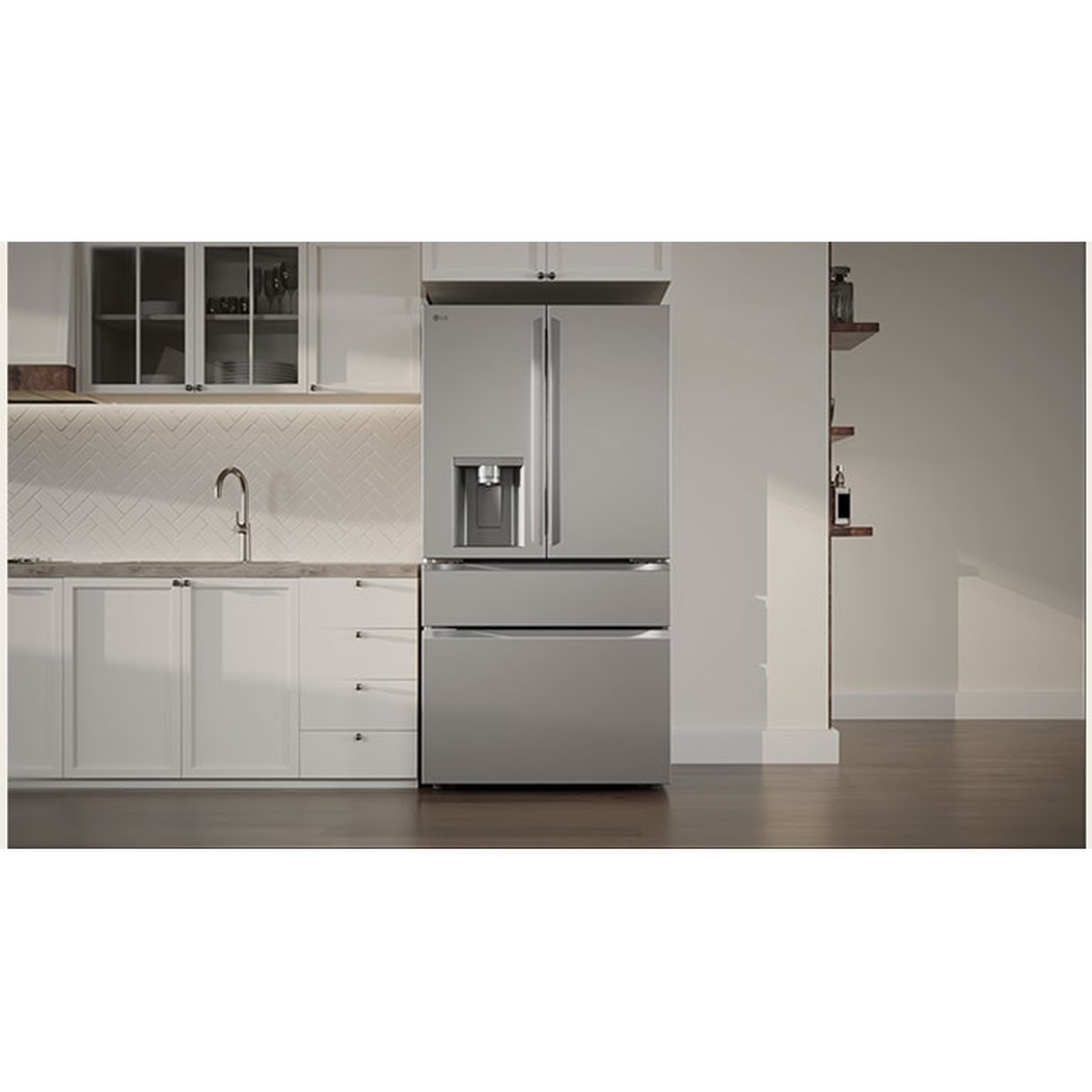 LG 4-door French-door refrigerator with an in-door dispenser installed in a modern kitchen