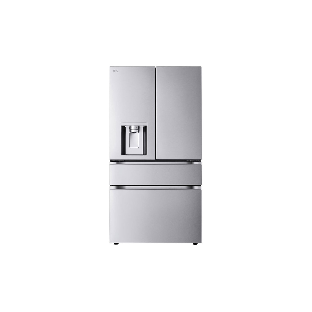 Front view of the LG LF29S8330S stainless 4-door French-door refrigerator with an in-door ice and water dispenser