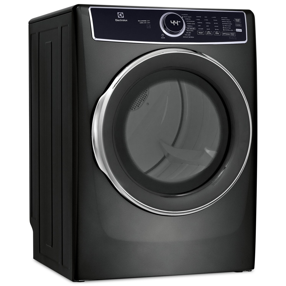 Angled view of an Electrolux titanium front-load electric dryer showing the large round door and top control panel