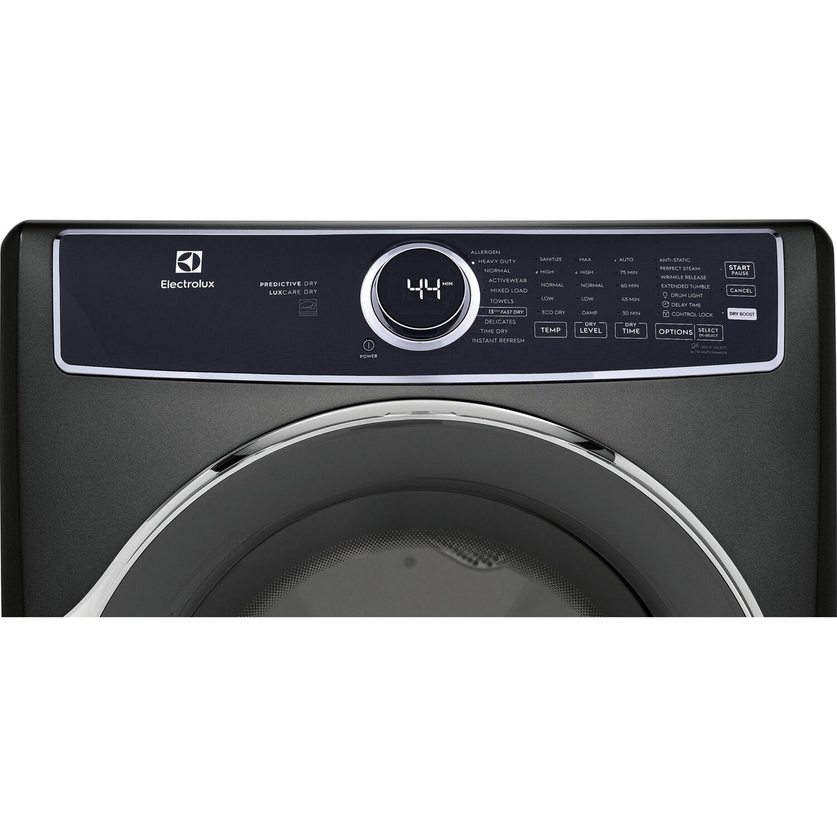 Close-up of the Electrolux dryer control panel with cycle dial, time display, and labeled cycle and option buttons