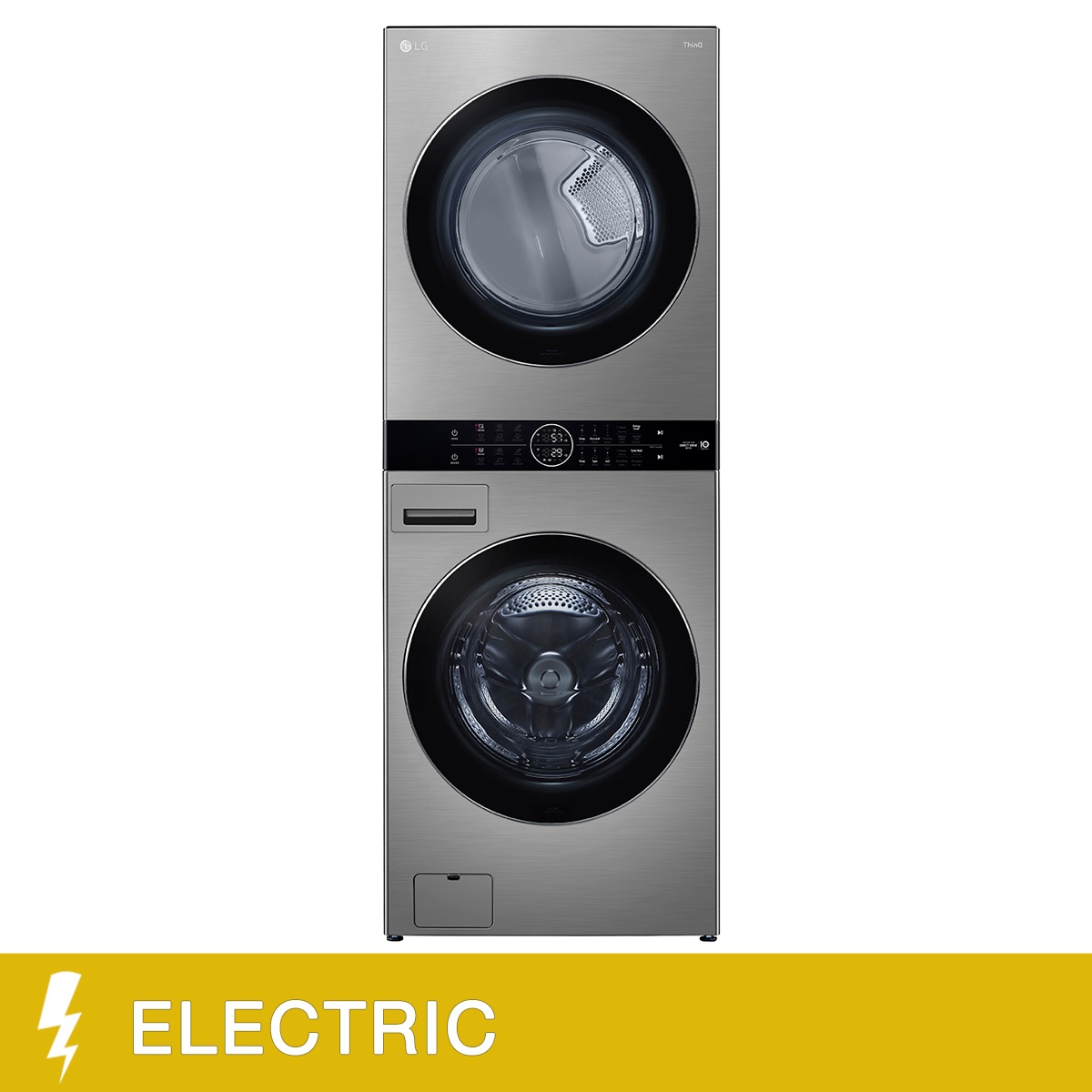 Front view of the LG WashTower stacked washer and dryer with a center control panel and an electric label banner