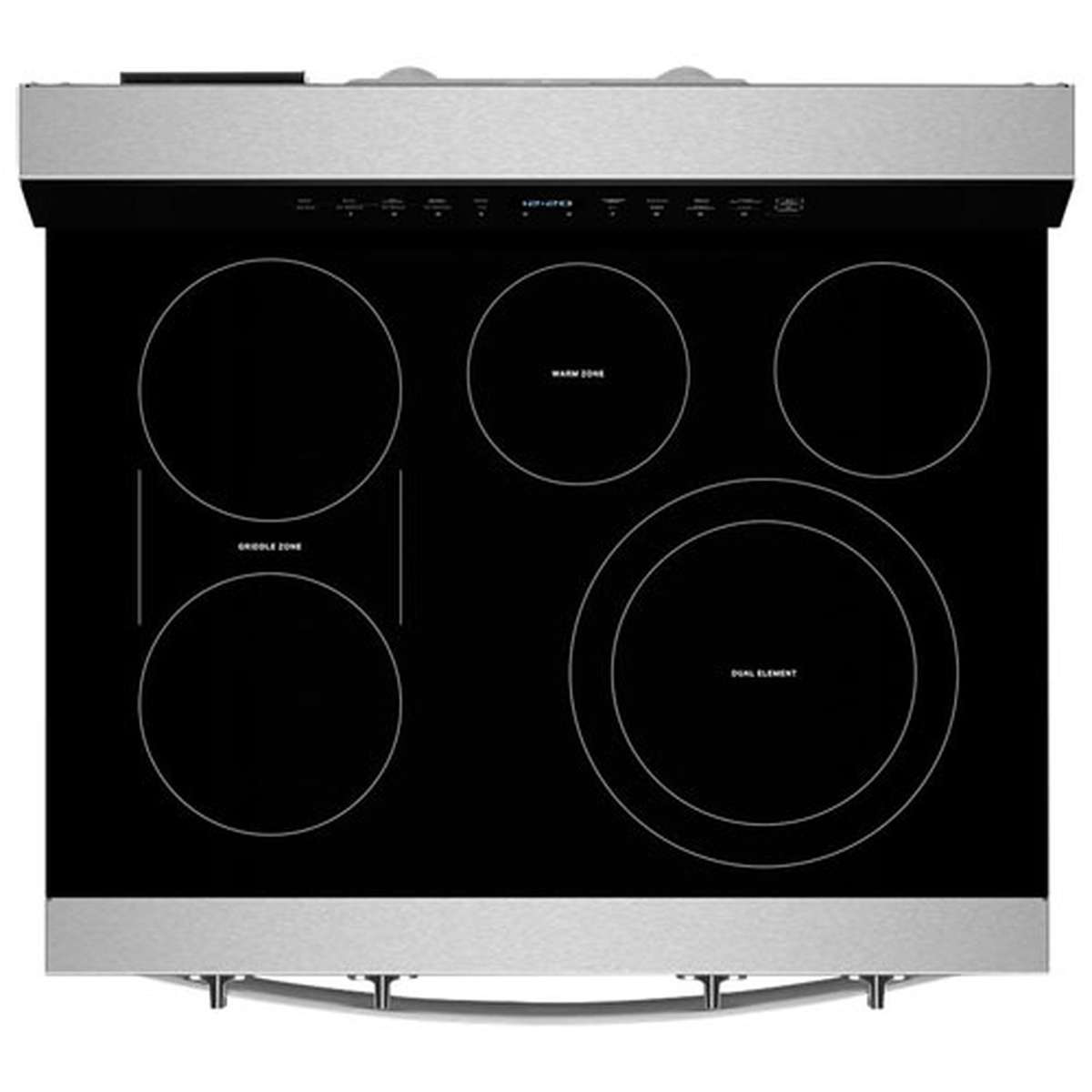 Top-down view of the Whirlpool YWFES7530RZ smooth cooktop showing labeled Griddle Zone, Warm Zone, and Dual Element cooking areas