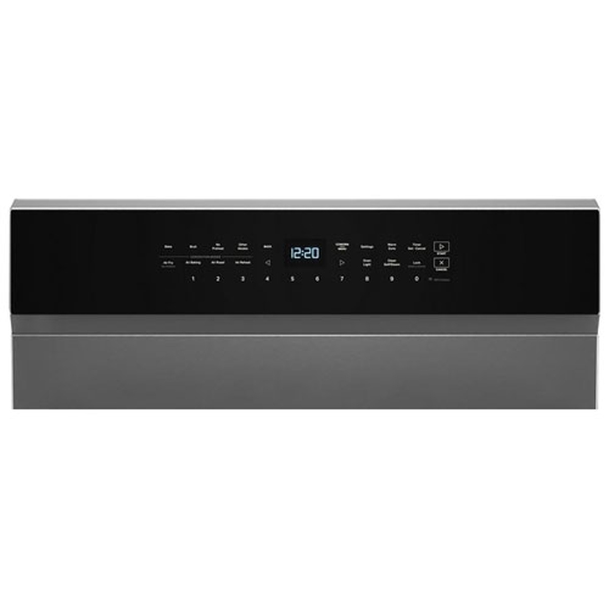 Close-up of the Whirlpool YWFES7530RZ tap touch control panel showing cooking mode buttons, digital clock display, and settings options