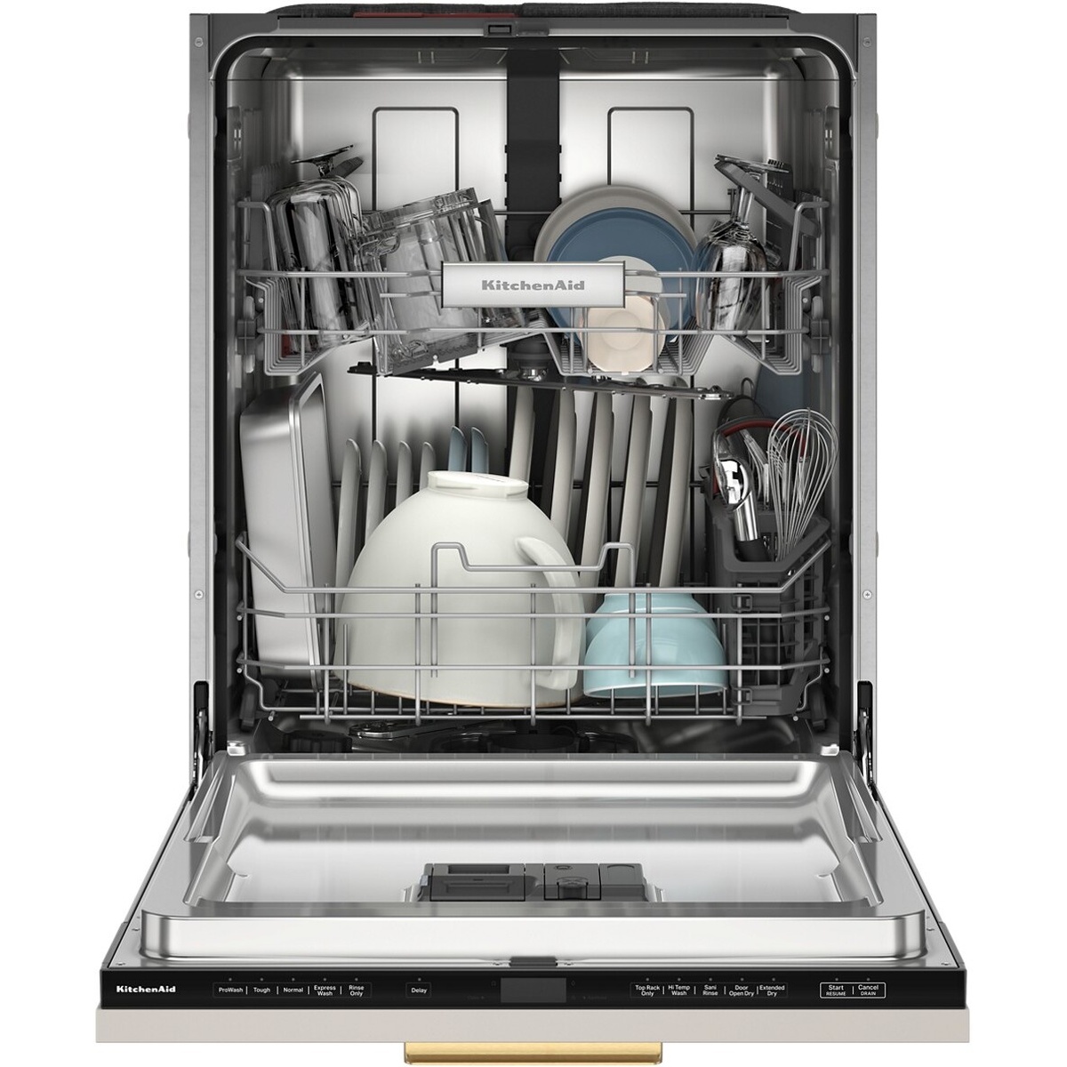 KitchenAid dishwasher with the door open showing stainless interior, two racks loaded with dishes, and top control panel on the door