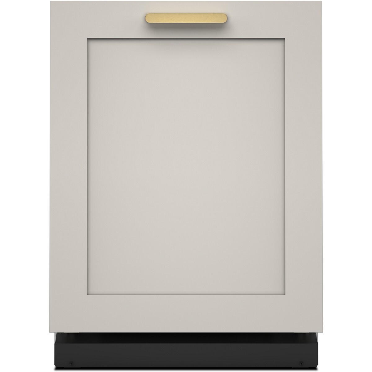 Front view of a panel-ready KitchenAid dishwasher with a custom cabinet panel and handle