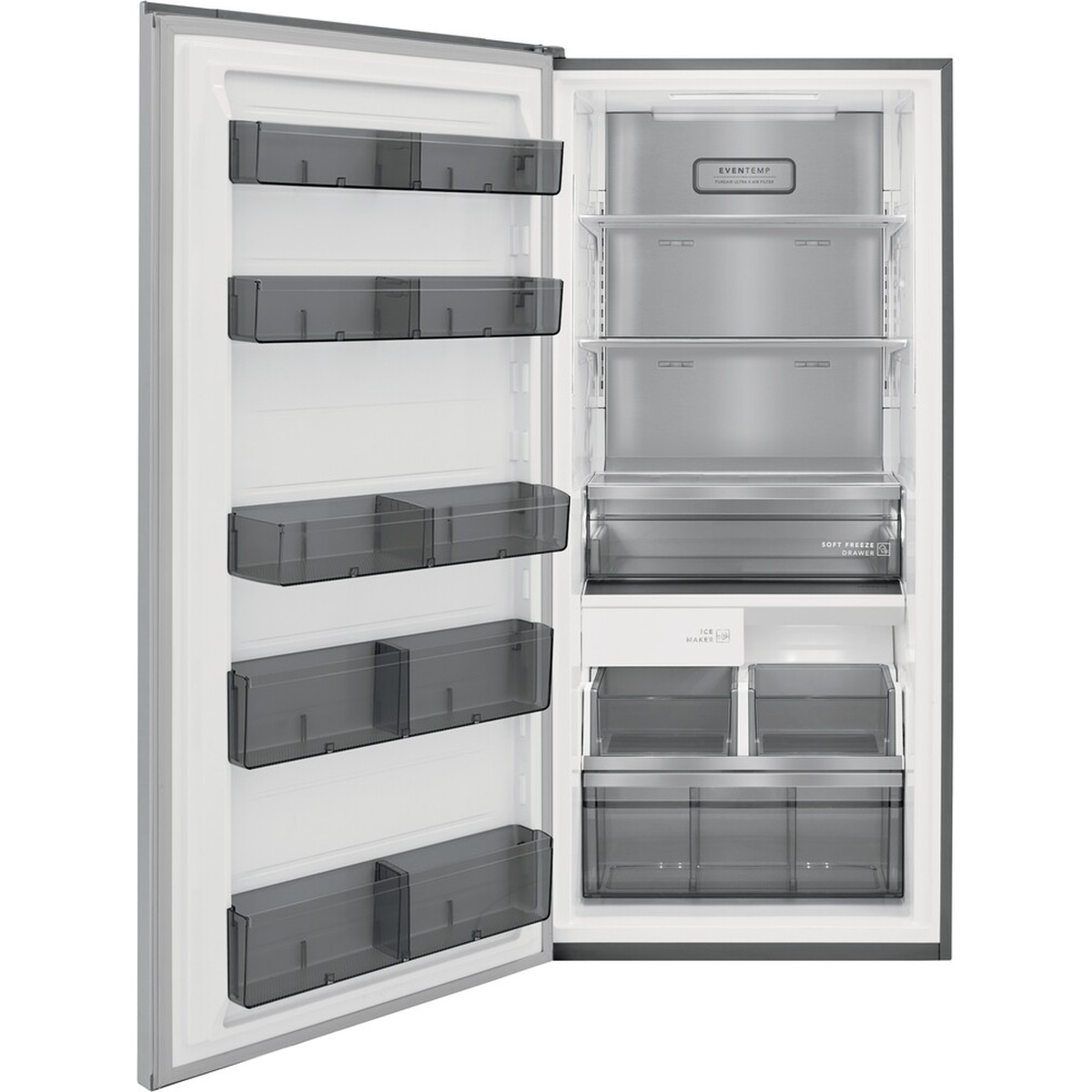 Open Frigidaire freezer column showing wide shelves, multiple tinted door bins, a soft freeze drawer, and internal ice maker bins