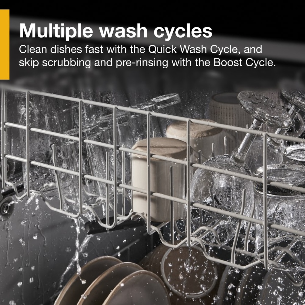 Close-up inside a dishwasher with water spraying over racks; text overlay highlights multiple wash cycles including Quick Wash and Boost