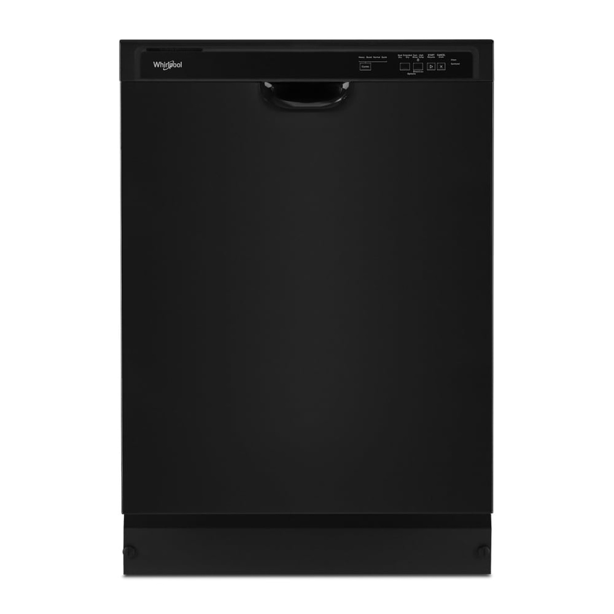 Front view of a black Whirlpool built-in dishwasher with visible front control panel and recessed pocket handle