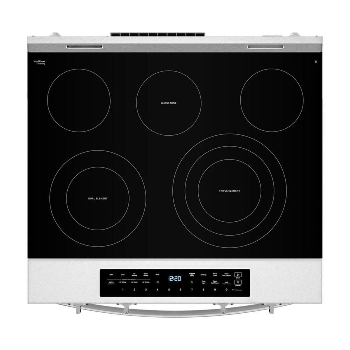 Top-down view of the glass cooktop showing five radiant cooking zones labeled warm zone, dual element, and triple element, with a front touch control panel