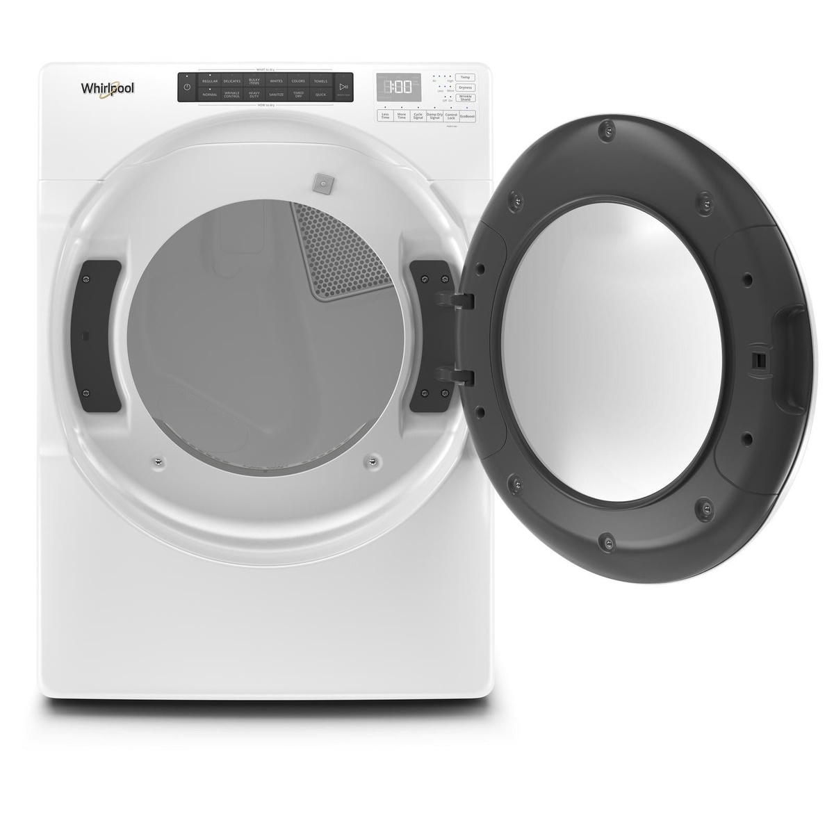 White Whirlpool front-load dryer with the door open, showing the wide opening and door hinge