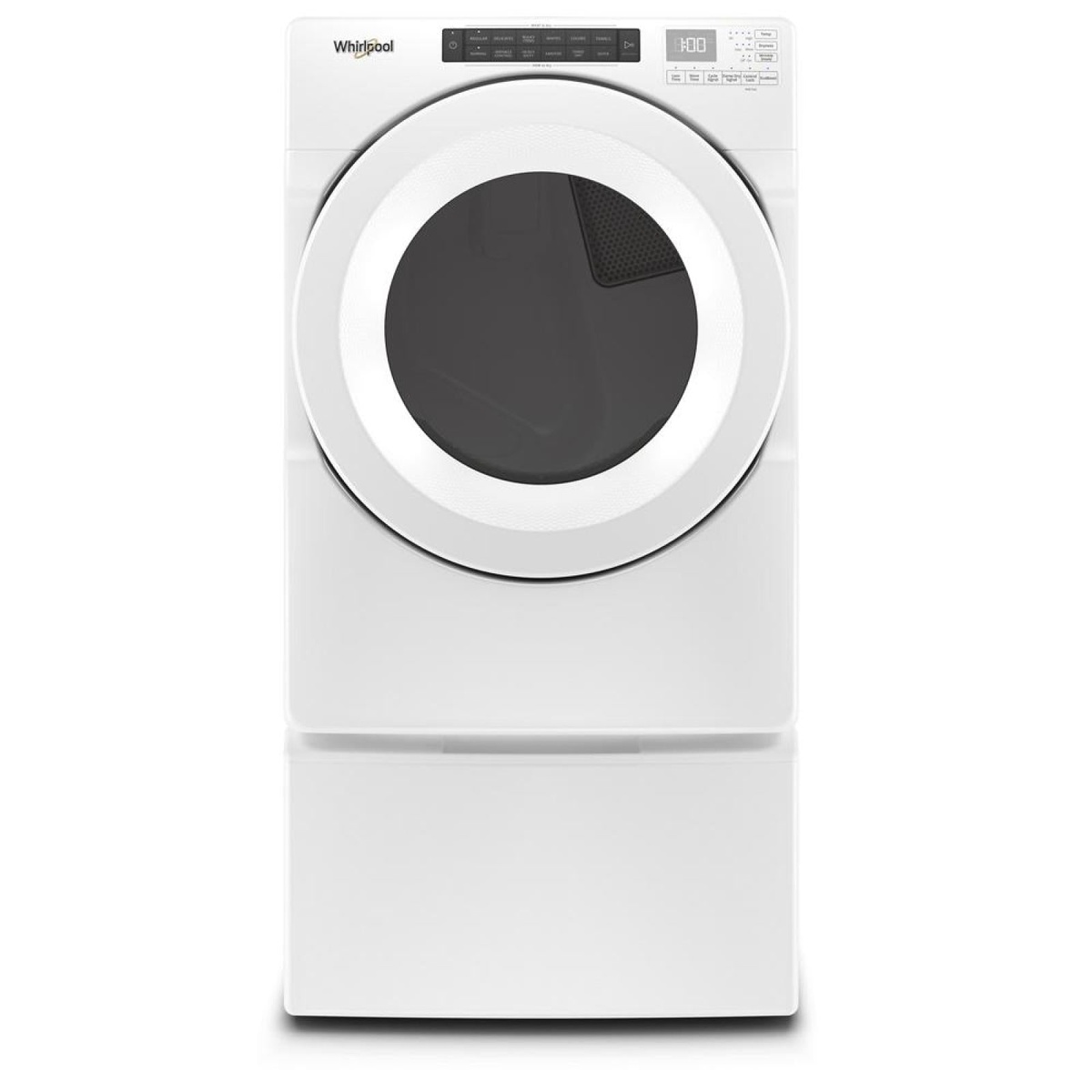 White Whirlpool front-load electric dryer shown installed on a matching pedestal base