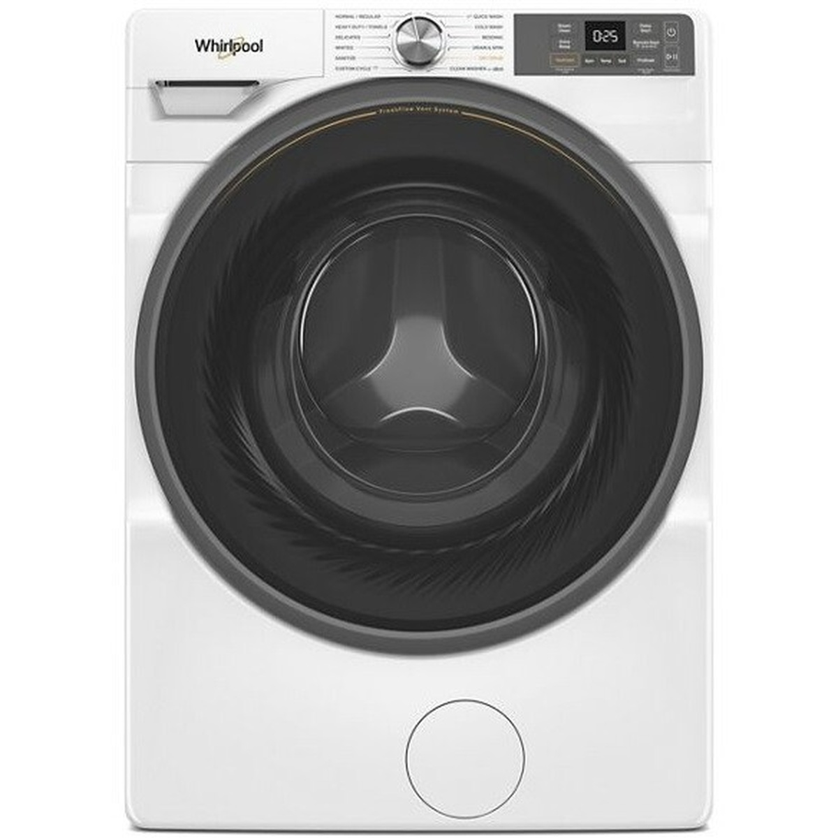 Front view of the Whirlpool WFW5720RW washer showing the cycle selector dial and digital display