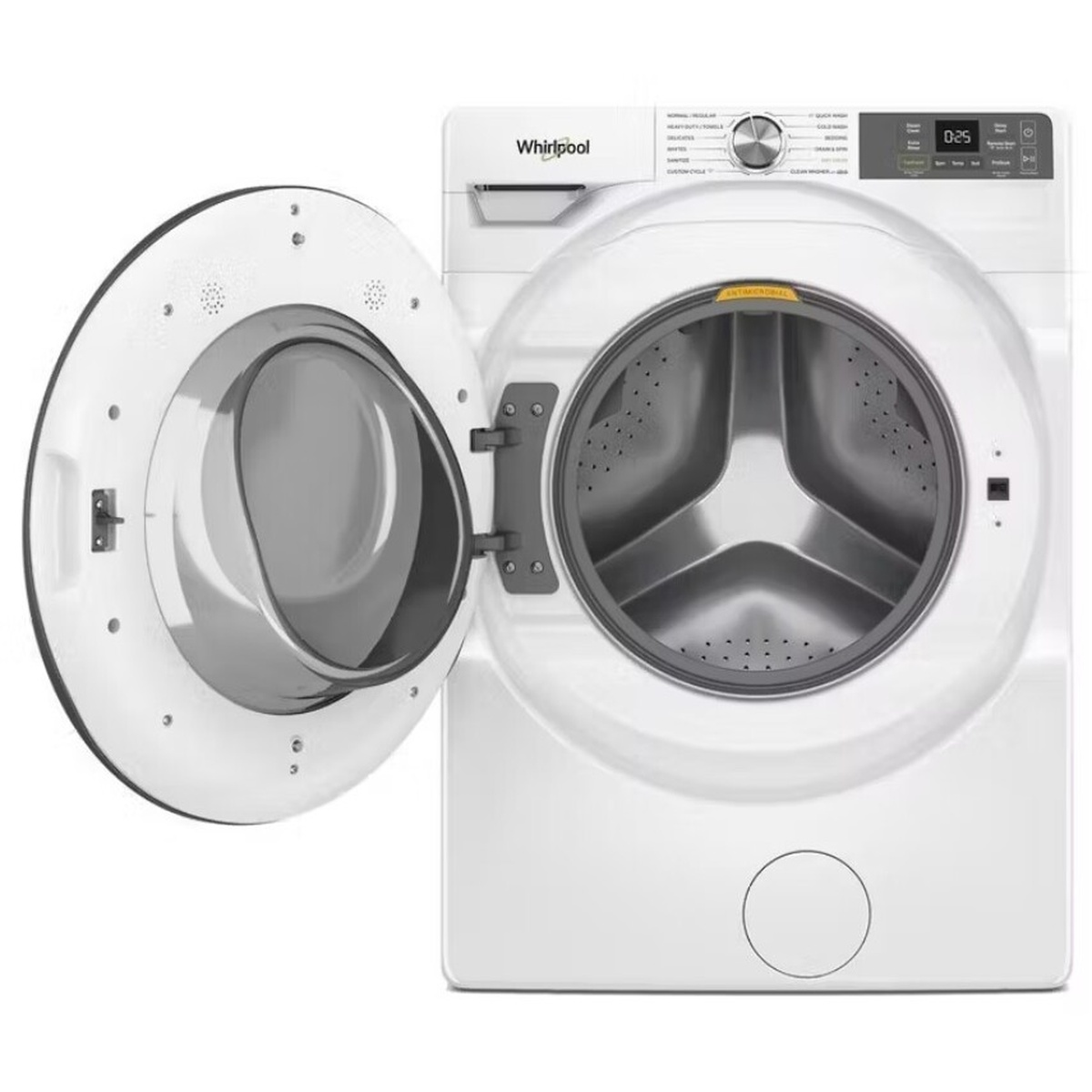 Whirlpool front load washer with the door open, showing the stainless wash drum and door gasket
