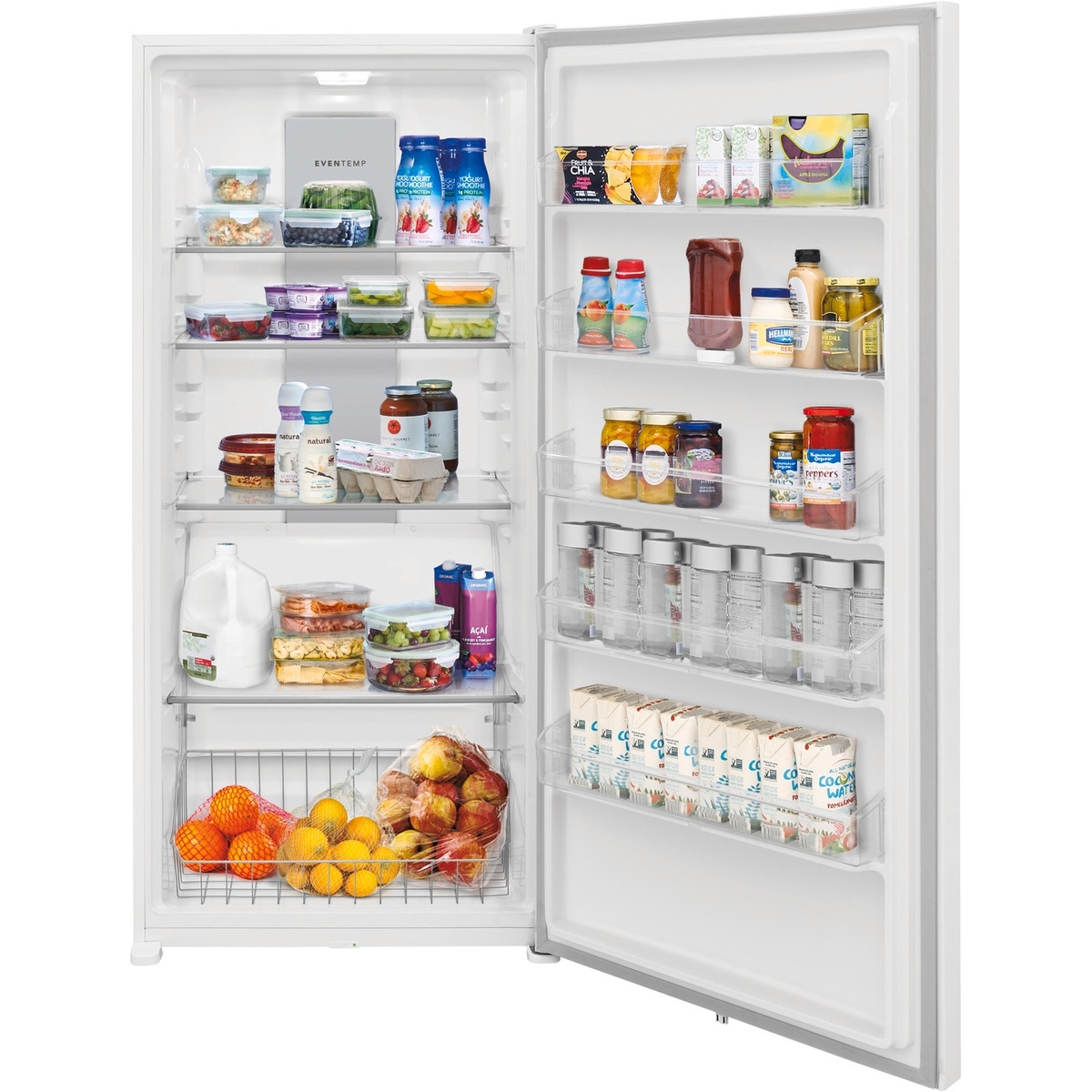 Open Frigidaire upright refrigerator showing adjustable shelves, door bins, interior light, and a lower wire basket