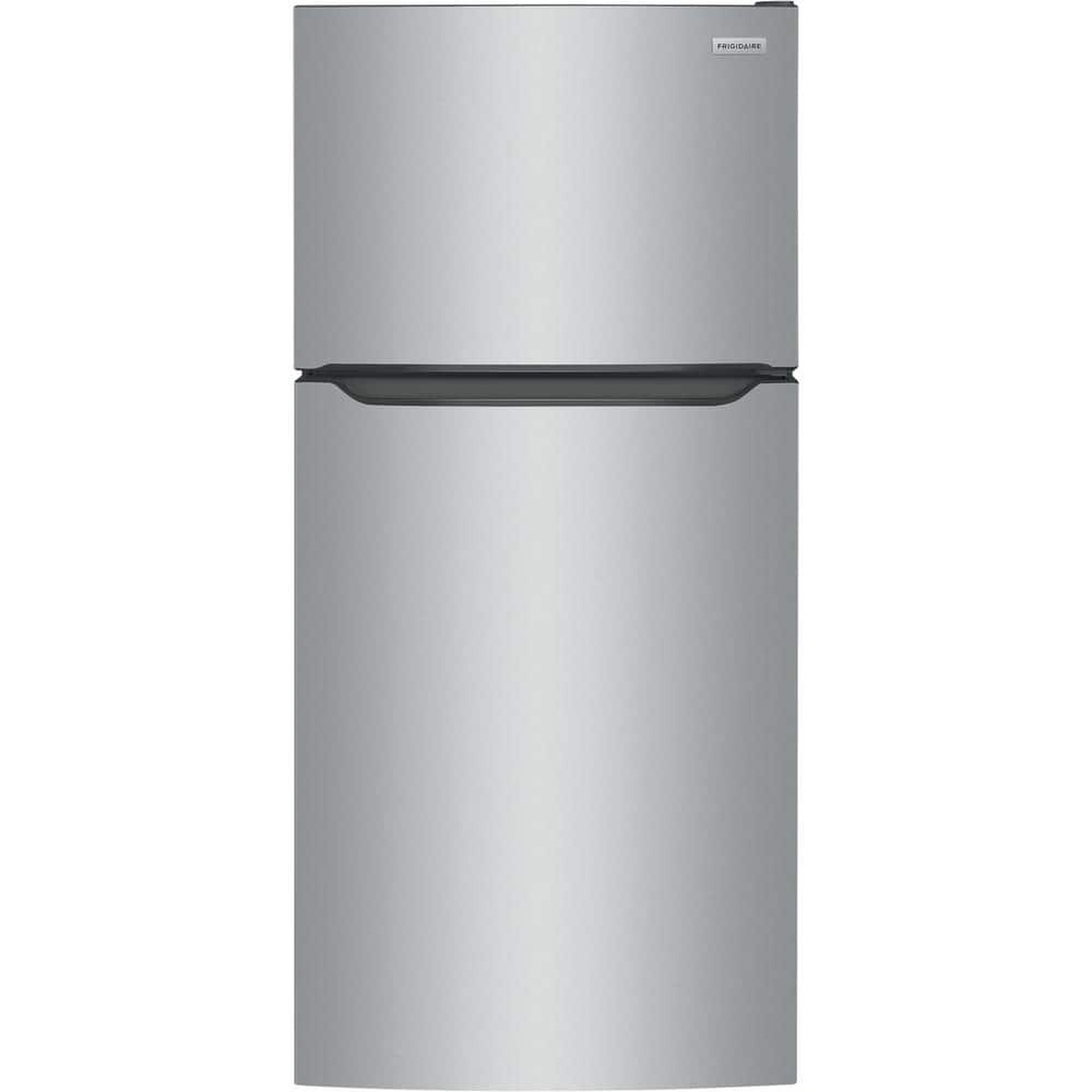 Front view of a stainless steel Frigidaire top-freezer refrigerator with recessed handles
