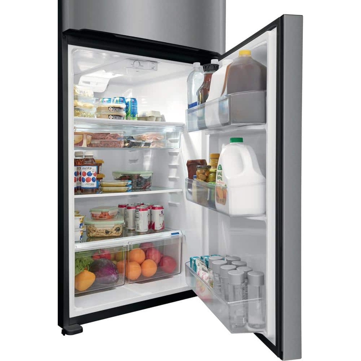 Open refrigerator compartment showing glass shelves, full-width deli drawer, clear crisper drawers, and multiple door bins