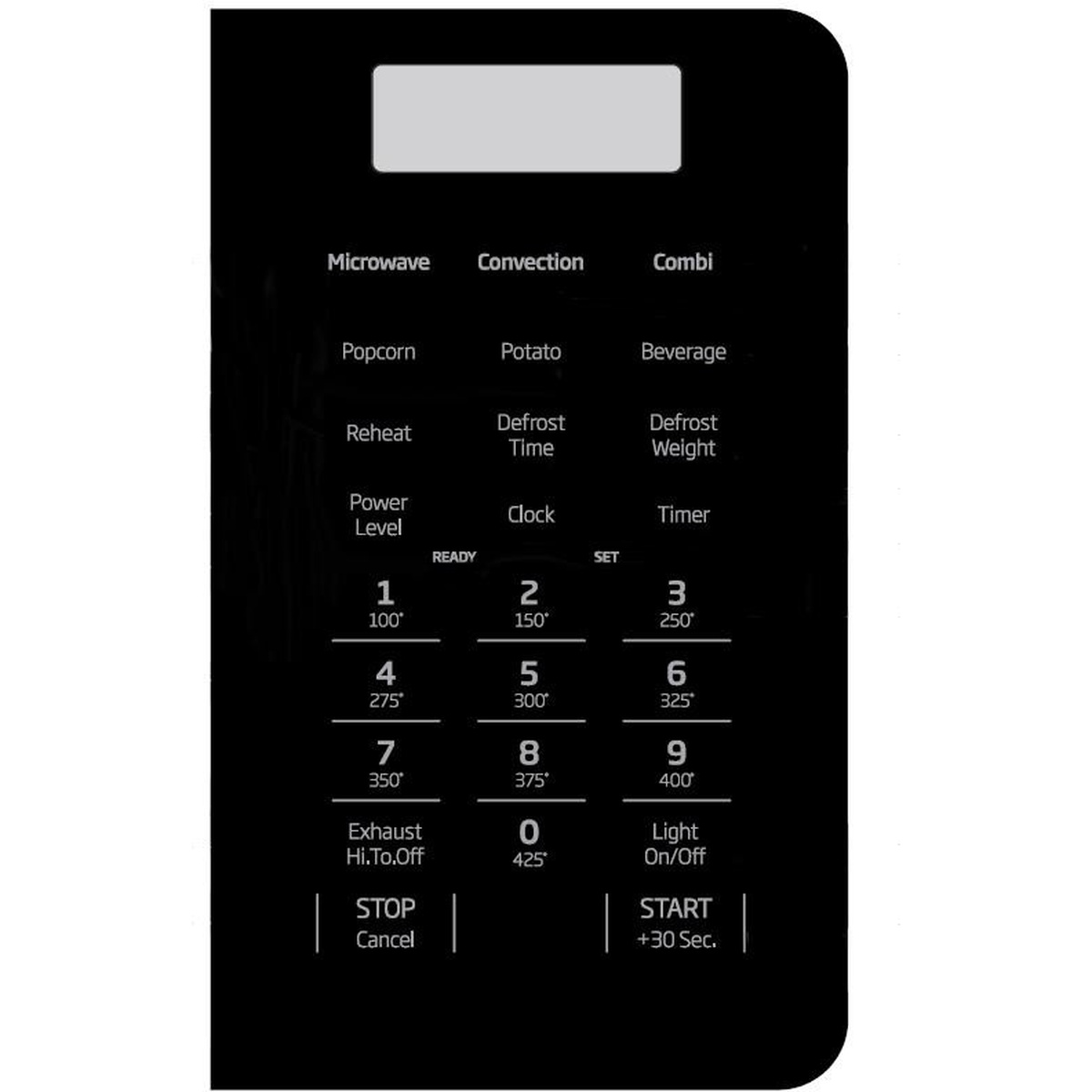 Close-up of the microwave touch control panel showing Microwave, Convection, Combi, preset keys, exhaust, light, and +30 Sec start