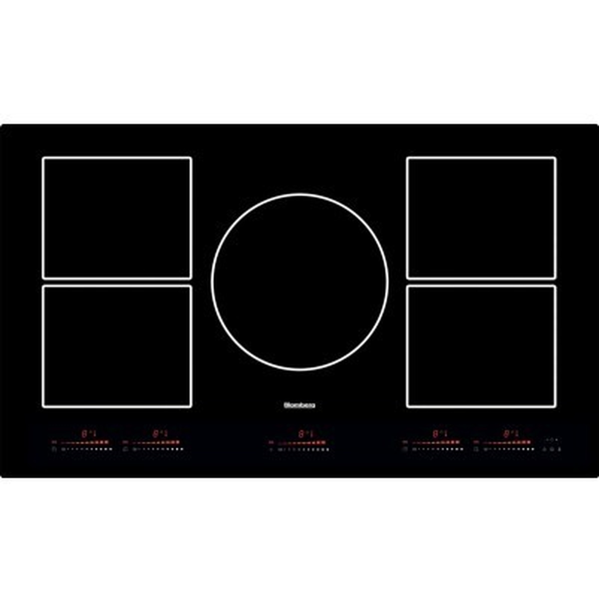 Top view of a Blomberg frameless black glass induction cooktop showing five cooking zones and front touch controls
