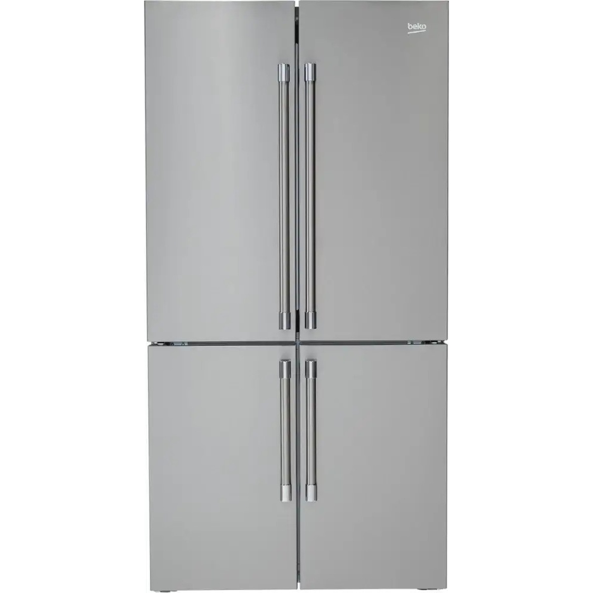 Front view of a Beko 4-door refrigerator in stainless finish with four tall vertical handles