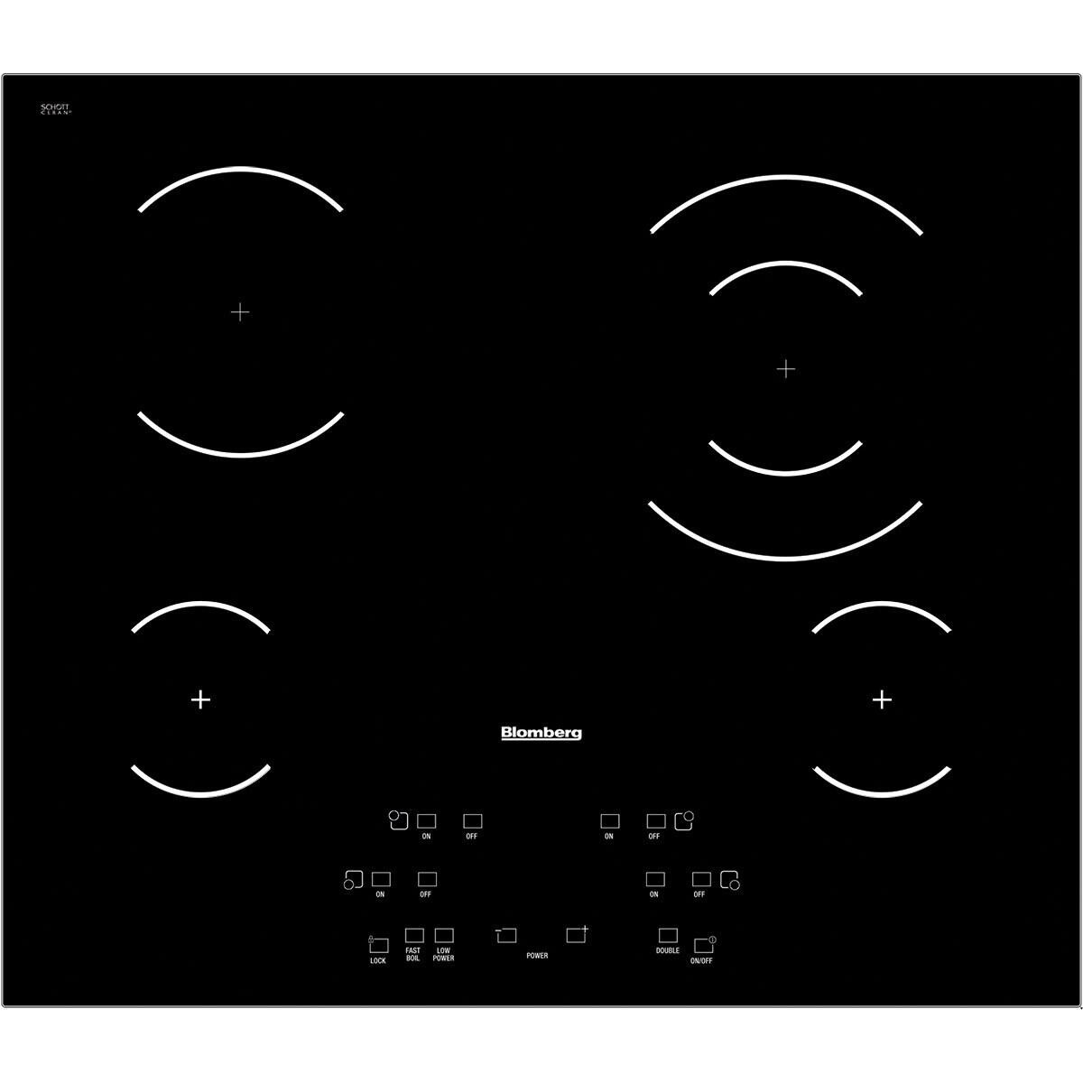 Top view of a black glass Blomberg electric cooktop with four cooking zones and front touch controls