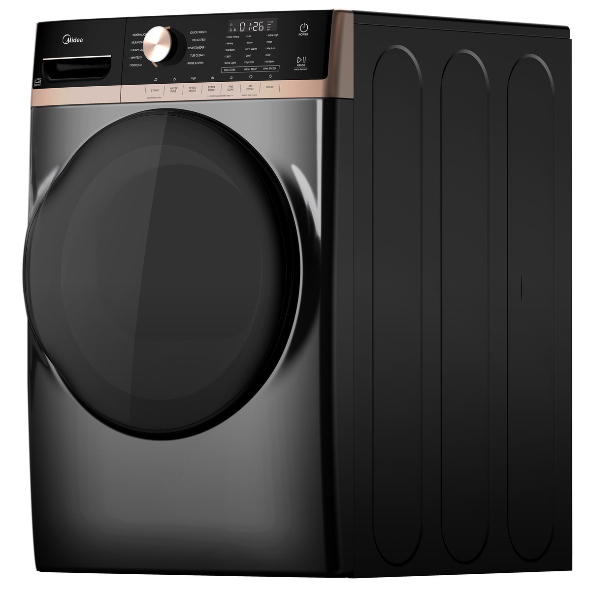 Angled side view of the Midea front-load washer showing the metallic grey finish, large door, and top control console.