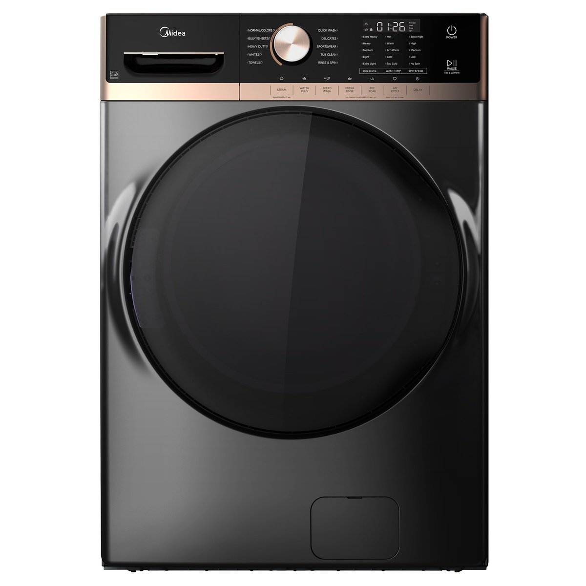 Front view of the Midea metallic grey front-load washer with a large round door, central cycle selector dial, and LED control panel.