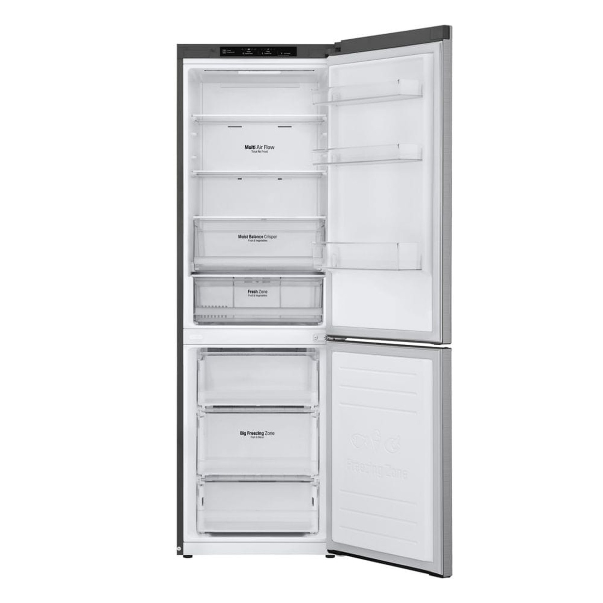 Open LG bottom-freezer refrigerator showing shelves, door bins, crispers, and freezer drawers