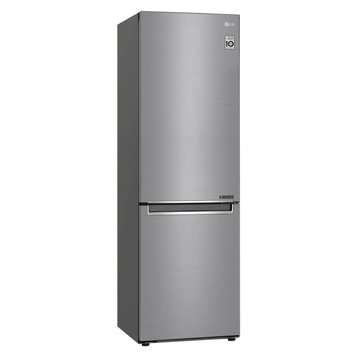 Angled front view of LG LBNC12231V bottom-freezer refrigerator in platinum silver