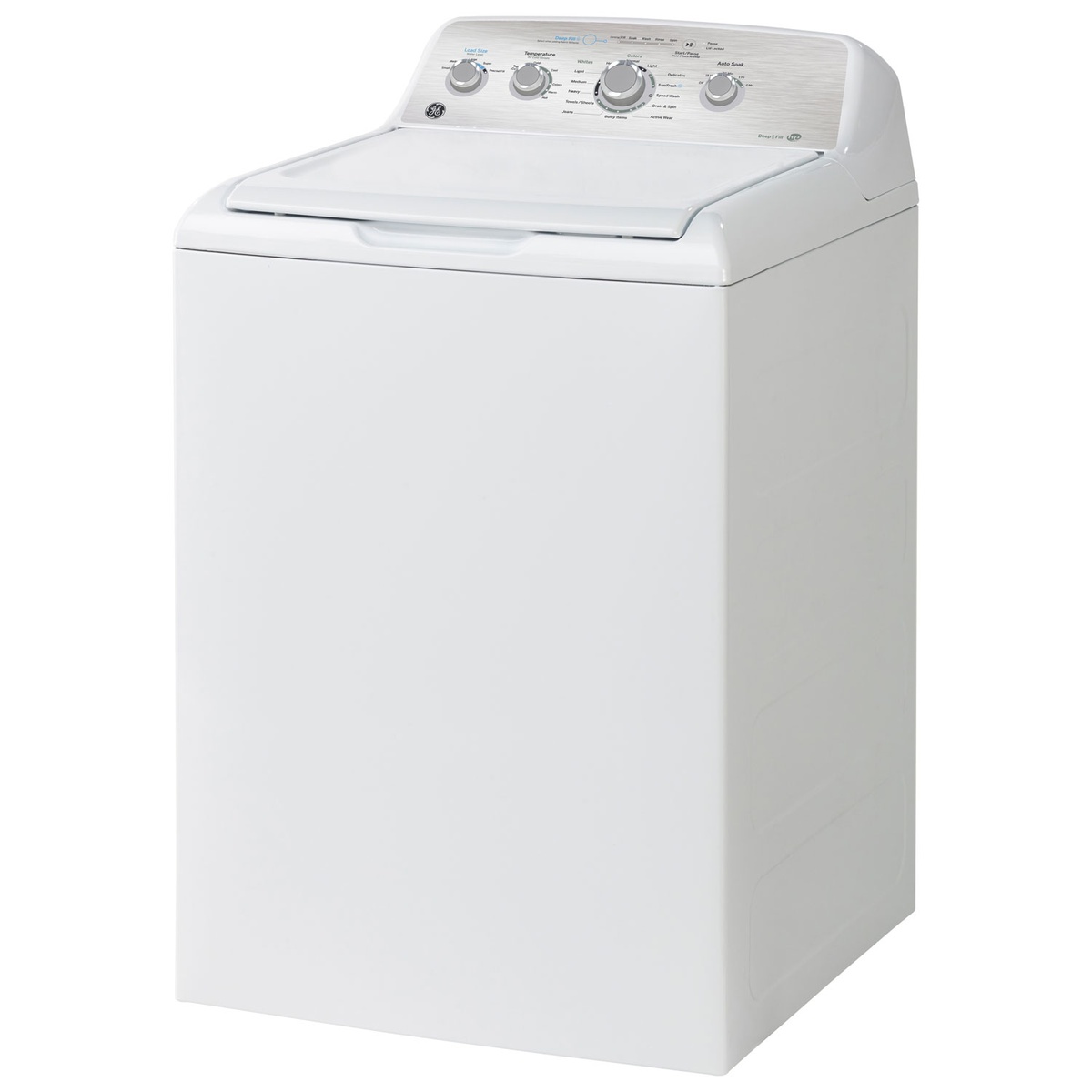 Angled view of a white GE high-efficiency top-load washer showing the closed lid and raised rear control console