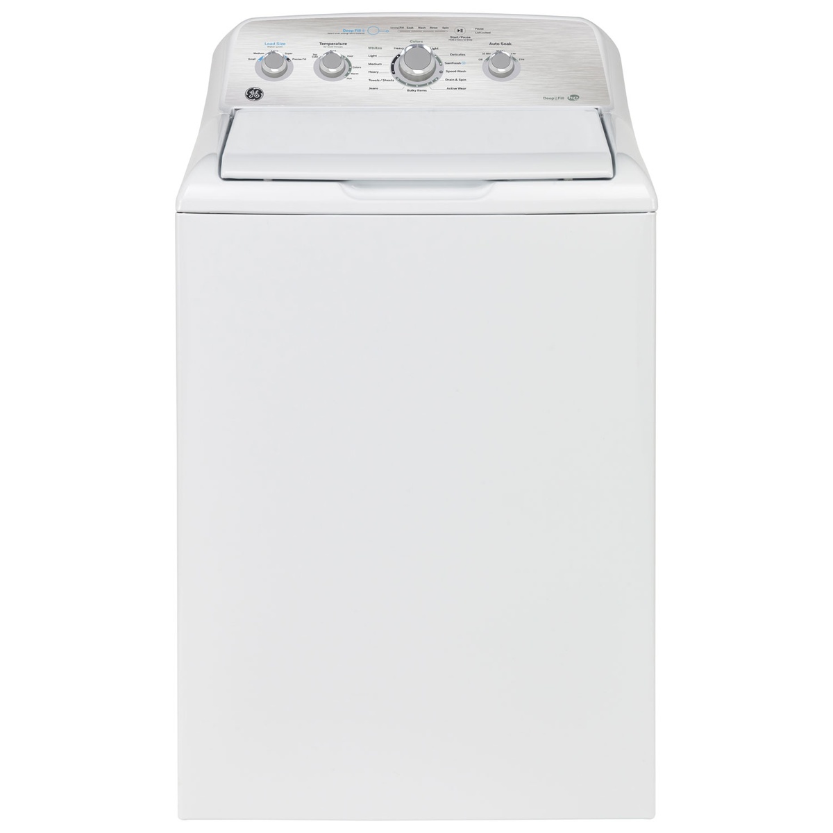 Front view of a white GE top-load washer with a rear control panel featuring rotary knobs and cycle status lights