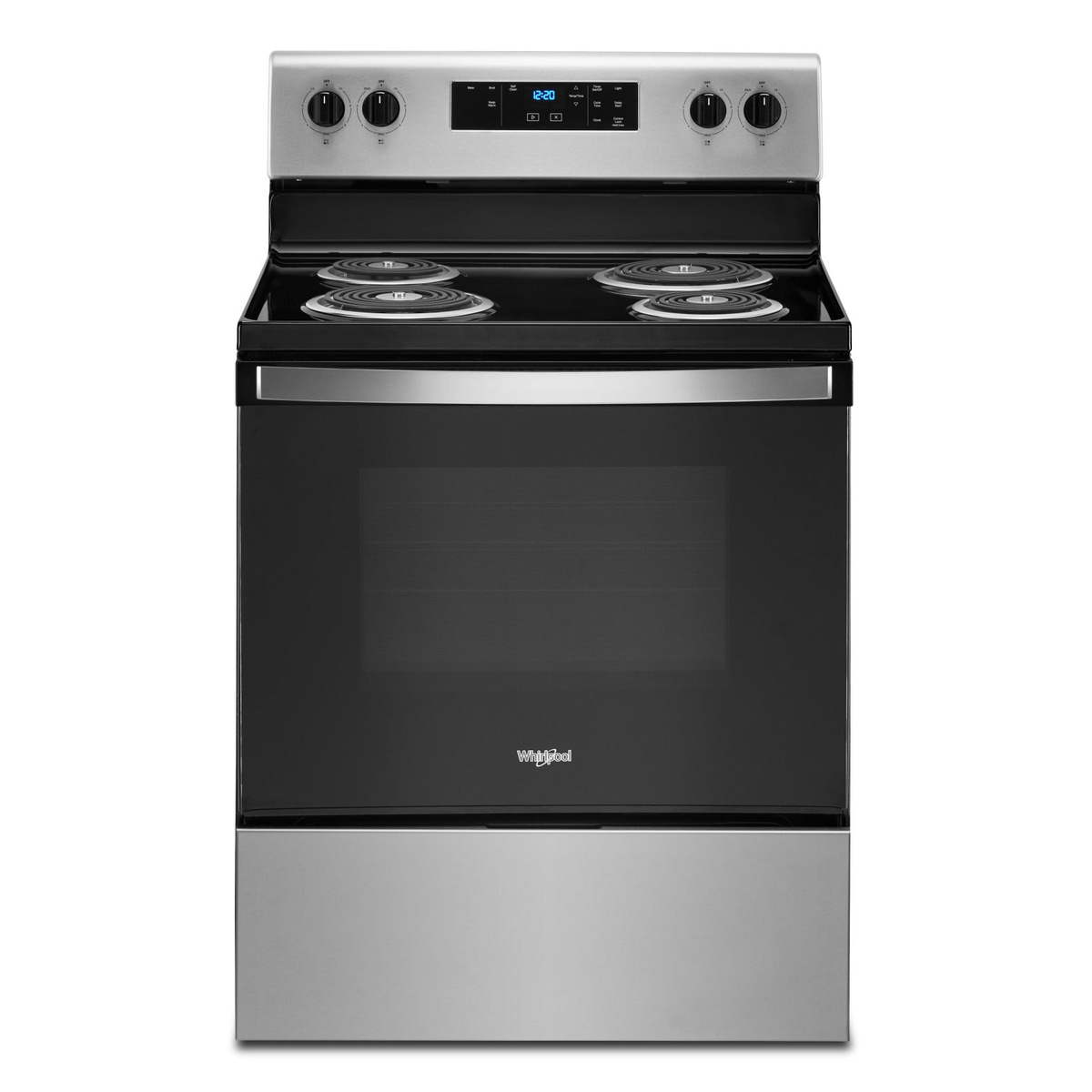 Front view of a Whirlpool freestanding electric range with four coil elements, backguard control panel, and large oven window