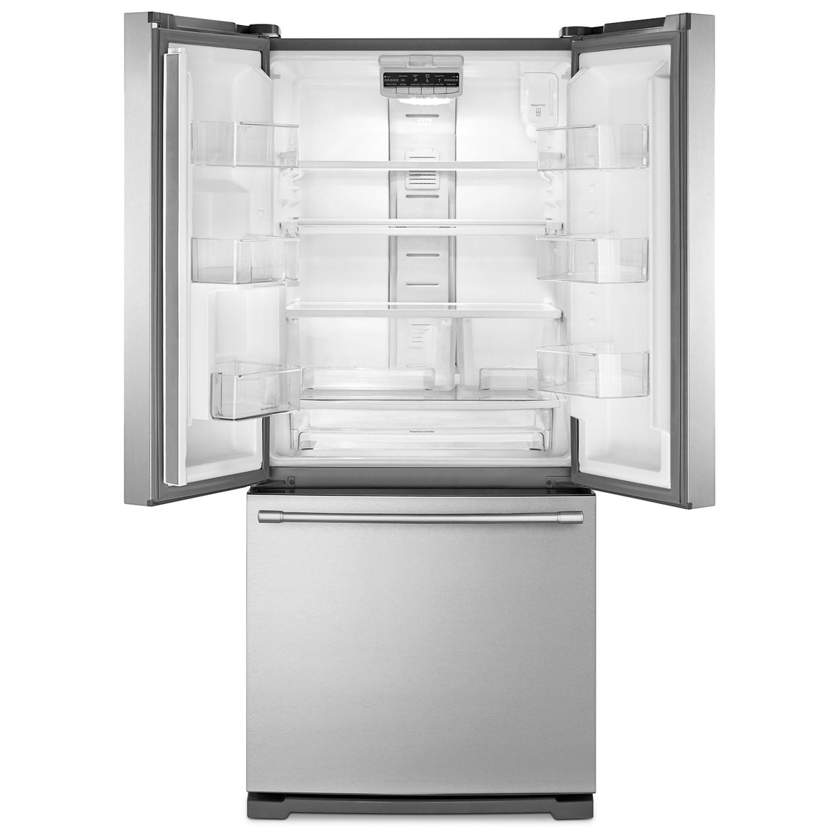 Open Maytag French-door refrigerator showing glass shelves, door bins, and top interior control panel