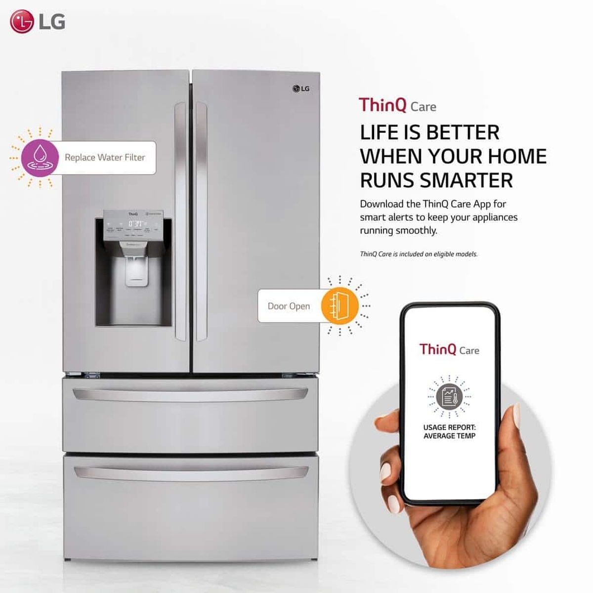 LG refrigerator with ThinQ Care text and a hand holding a smartphone showing the ThinQ Care screen