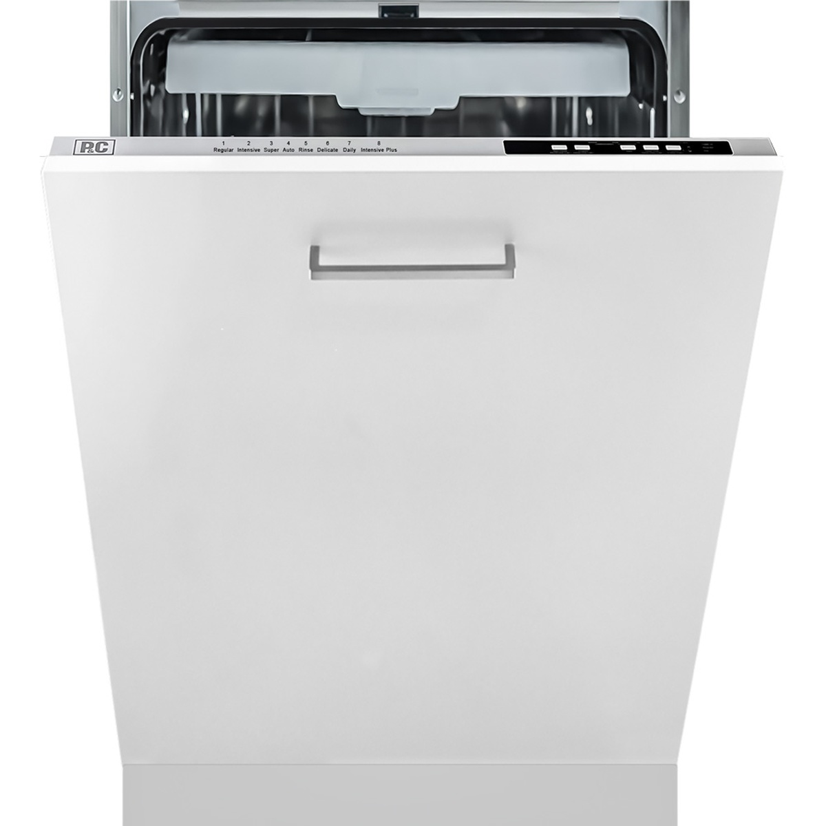 Fully integrated dishwasher with a plain panel-ready front, handle, and top-mounted control strip visible along the upper edge