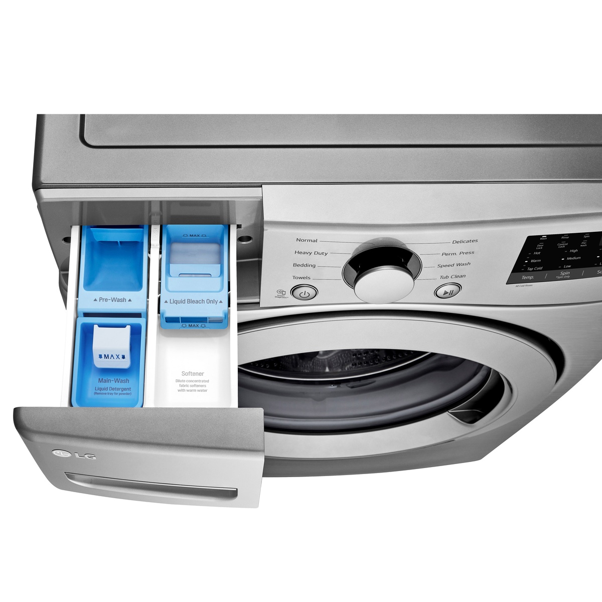 Close-up of the LG WM3400CV detergent drawer pulled open, showing compartments for pre-wash, main-wash liquid detergent, liquid bleach, and softener.