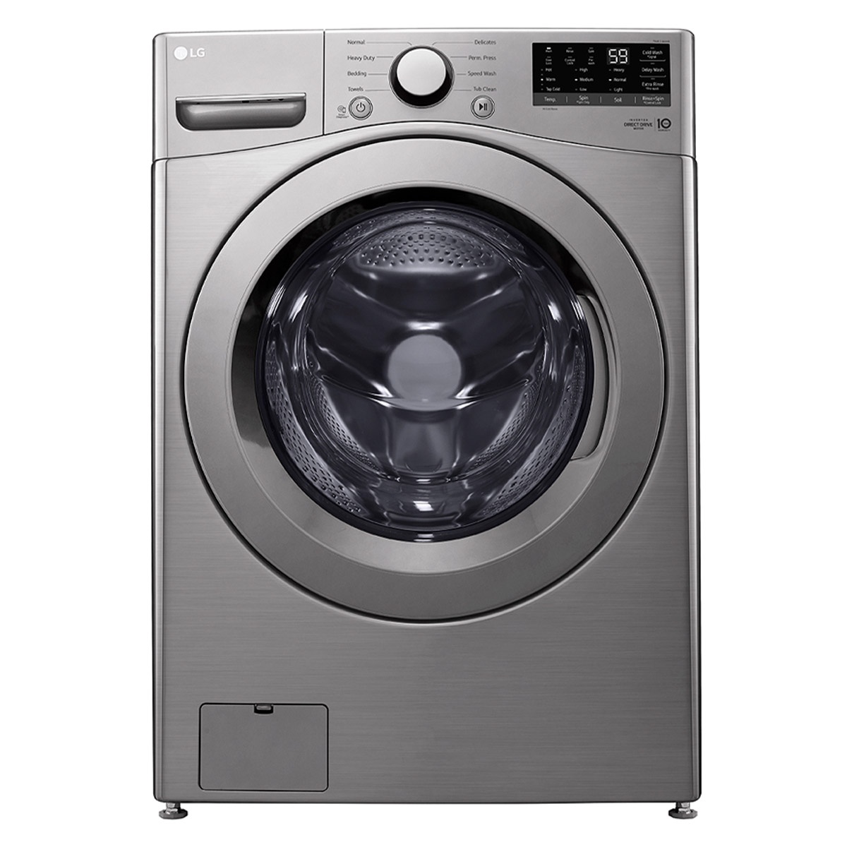 Front view of the LG WM3400CV graphite steel front-load washer with large round door and top control panel.