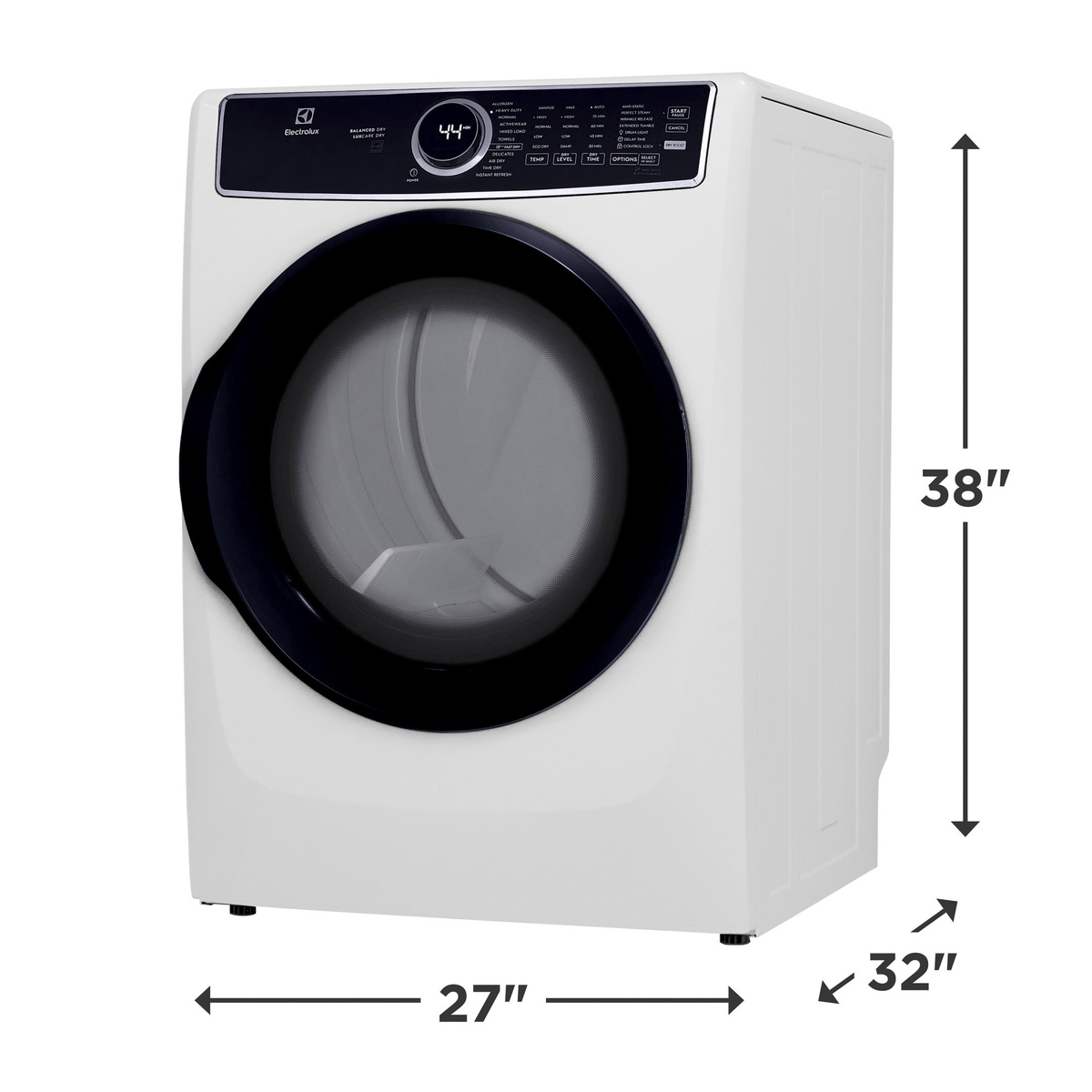 Angled view of a white Electrolux front-load dryer with dimension callouts showing 27 inch width, 32 inch depth, and 38 inch height