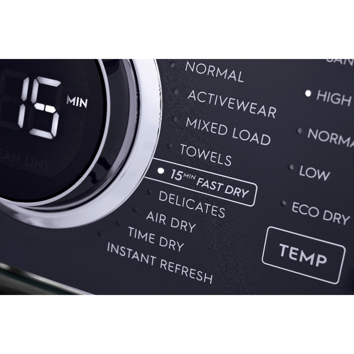 Close-up of the Electrolux dryer control panel highlighting cycle labels including 15-Min Fast Dry and Instant Refresh